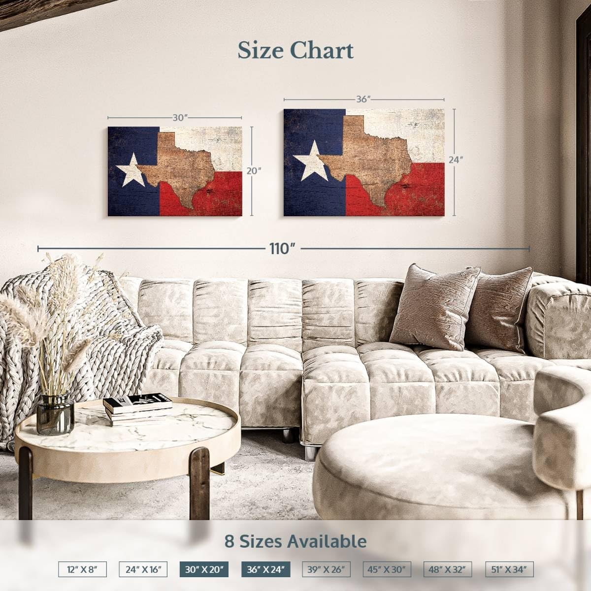 ElephantStock State Map Over Texas Flag Wall Art - Horizontal Wrapped Canvas - 1-Piece Living Room Wall Decor - Digital Art Americana Canvas Print - Beige and Blue Wall Decor - 30" X 20"
