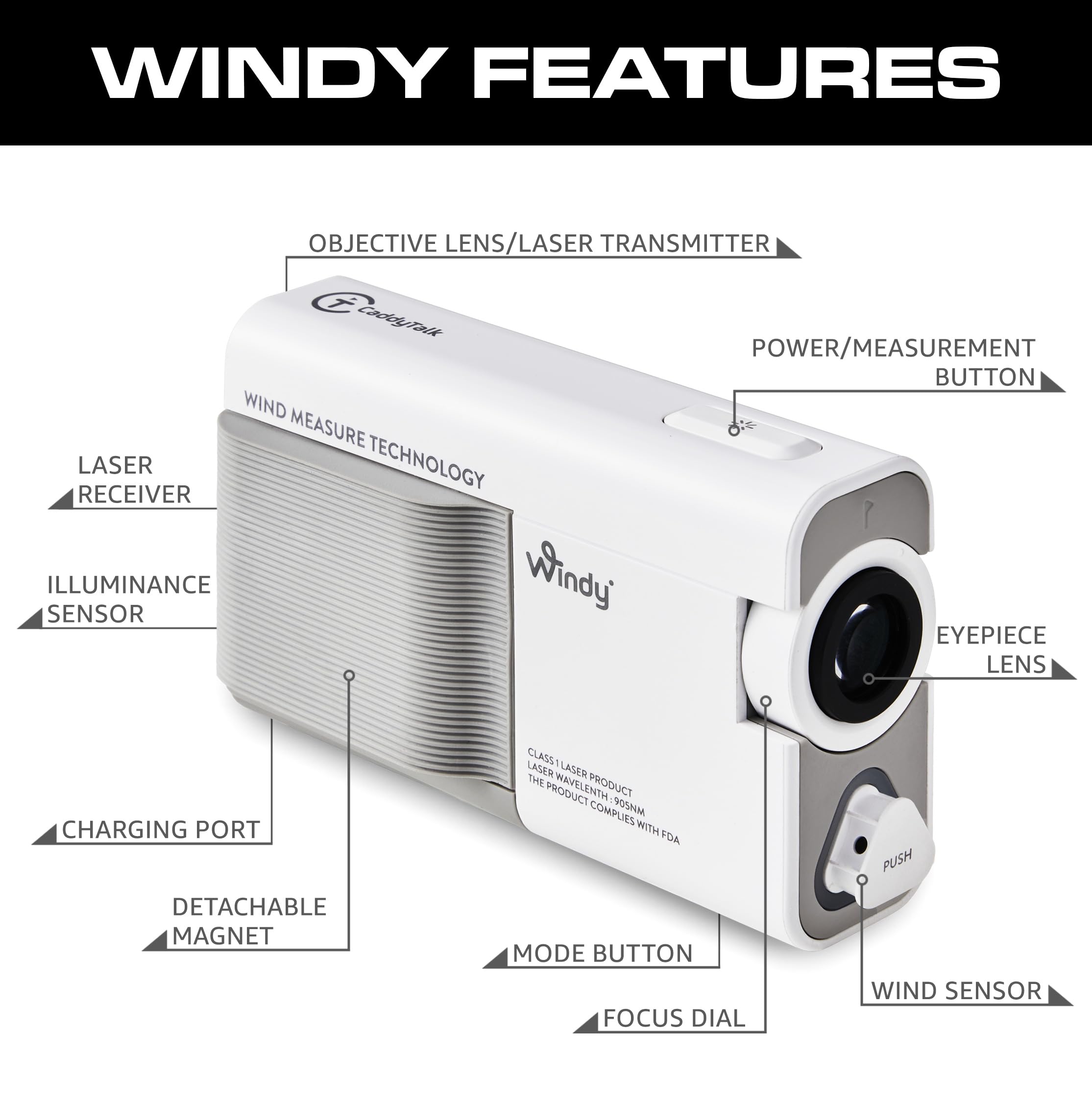 Caddy Talk Windy Telémetro de Golf con función de Pendiente, detección de Viento, precisión Pin-Lock y medición de distancias de Largo Alcance