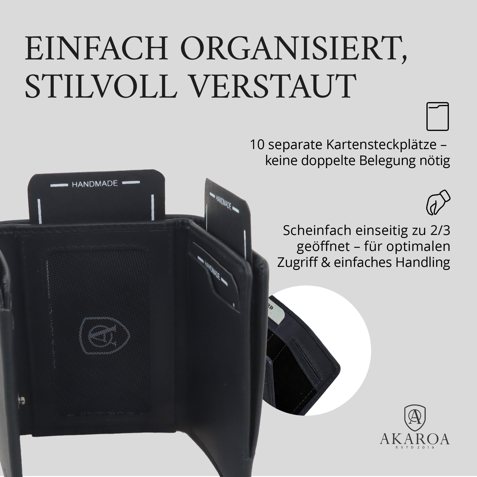 AKAROA – Trifold Geldbörse Herren echtes Rindsleder Henry – Portmonee Herren 7,5x9,5cm mit 10 Kartenfächern & Münzfach mit Reißverschluss – Geldbeutel im Hochformat mit RFID Schutz – Schwarz