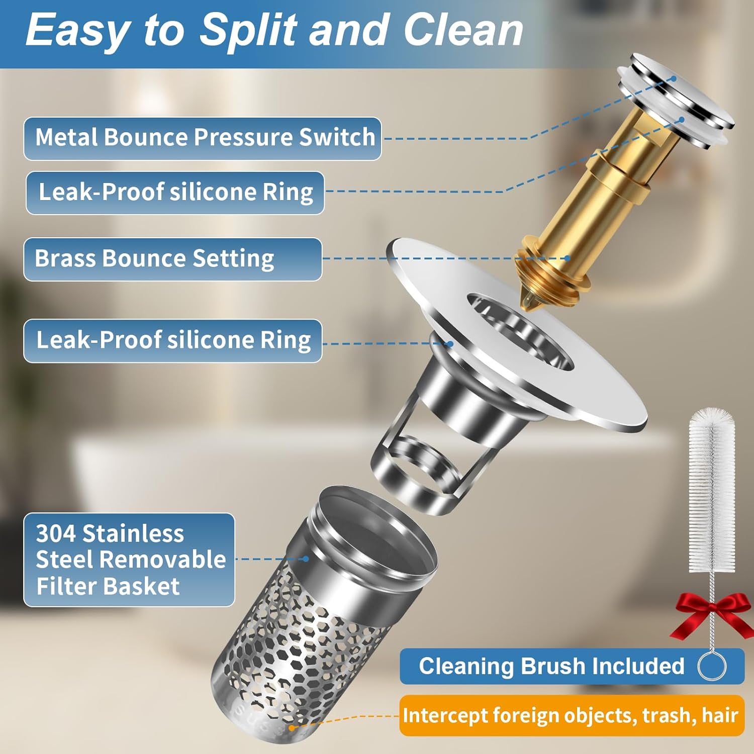 Bathroom Sink Stopper, Pop-up Bathroom Sink Drain Strainer Stopper with Removable Stainless Steel Strainer Filter Basket Hair Catcher, Sink Drain Stopper for Bathroom Sink Stopper Replacement (2PCS) - Image 6