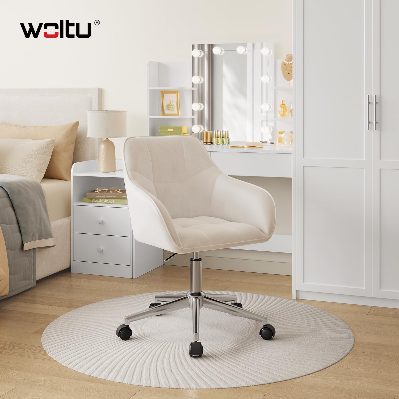 WOLTU Homeoffice Stuhl, Schreibtischstuhl, Drehstuhl, Schminkstuhl, höhenverstellbar, bis 150 kg belastbar, mit Armlehnen Samtsitz, für Schlafzimmer Büro Wohnzimmer, Beige