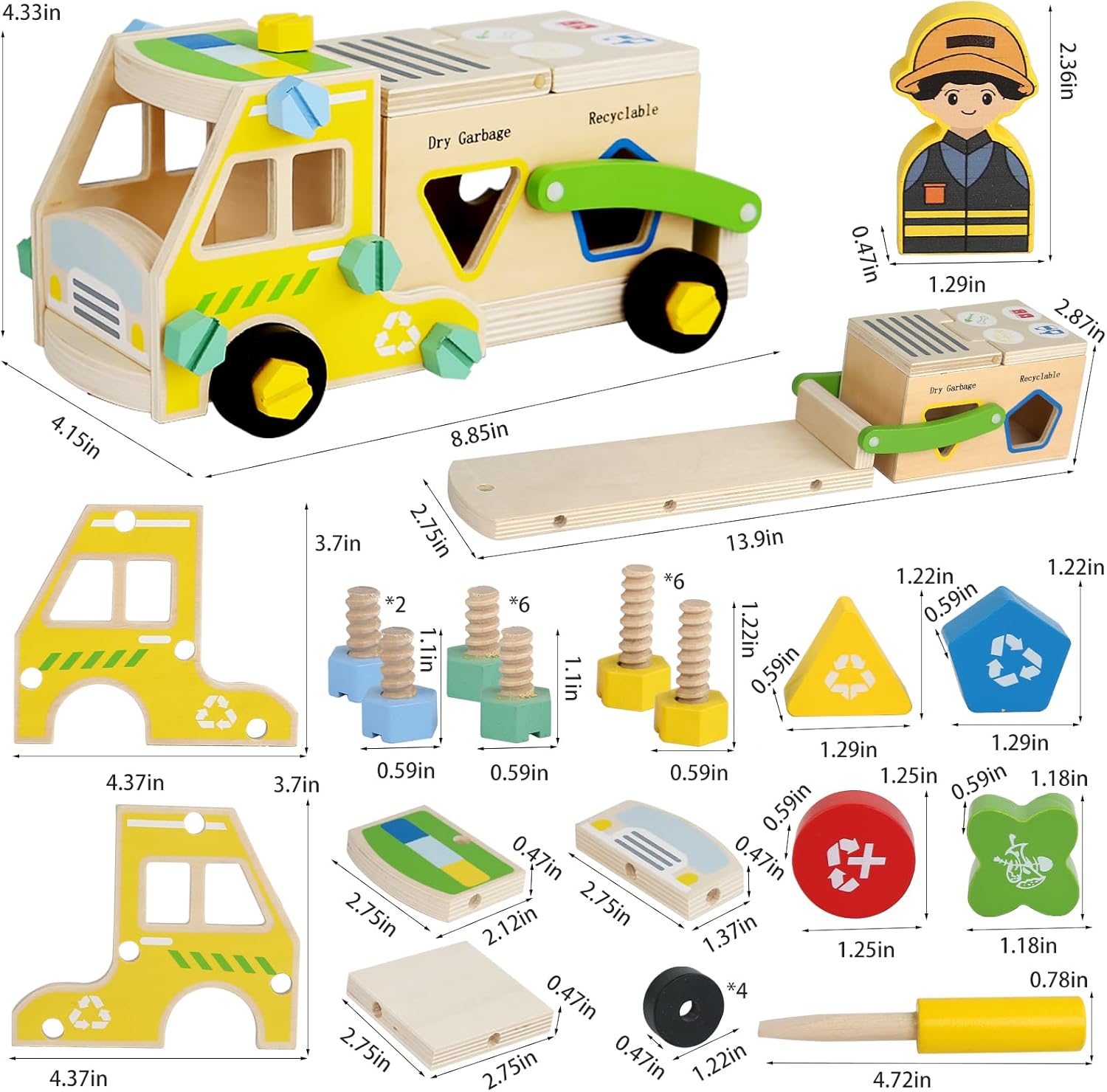 LOVELAND Wooden Recycling Truck Toy Take-Apart Garbage Sorting Truck