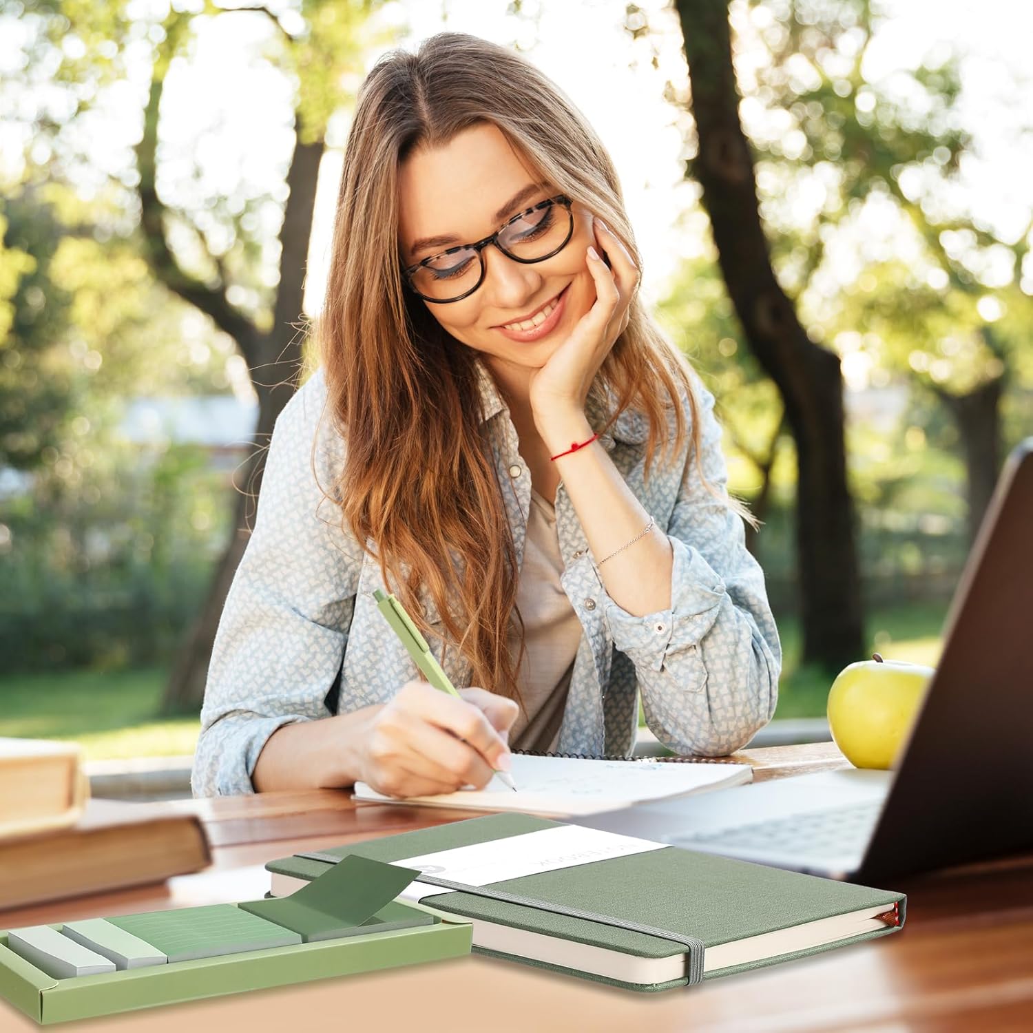 Aesthetic Stationery Set Preppy School Supplies 6 Retractable Black Pastel Gel Ink Pens 0.5mm Pastel Notebook Sticky Notes Set 5 Highlighters Self Stick Index Tabs for Bible Gifts(Green) - Image 3