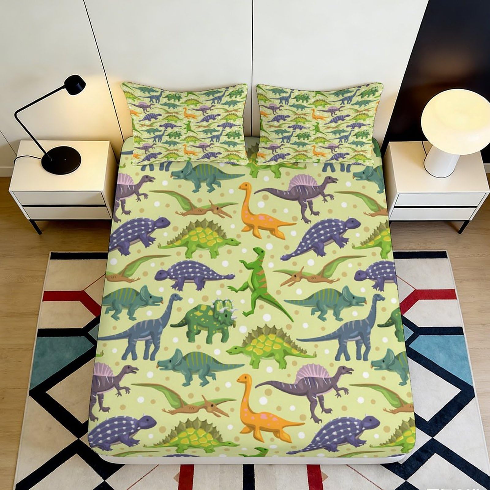 3D Printed Cartoon Dinosaur Fitted Sheet Microfiber Soft Breathable Green Animal Mattress Cover for Bedroom Dorm 160x200x25cm