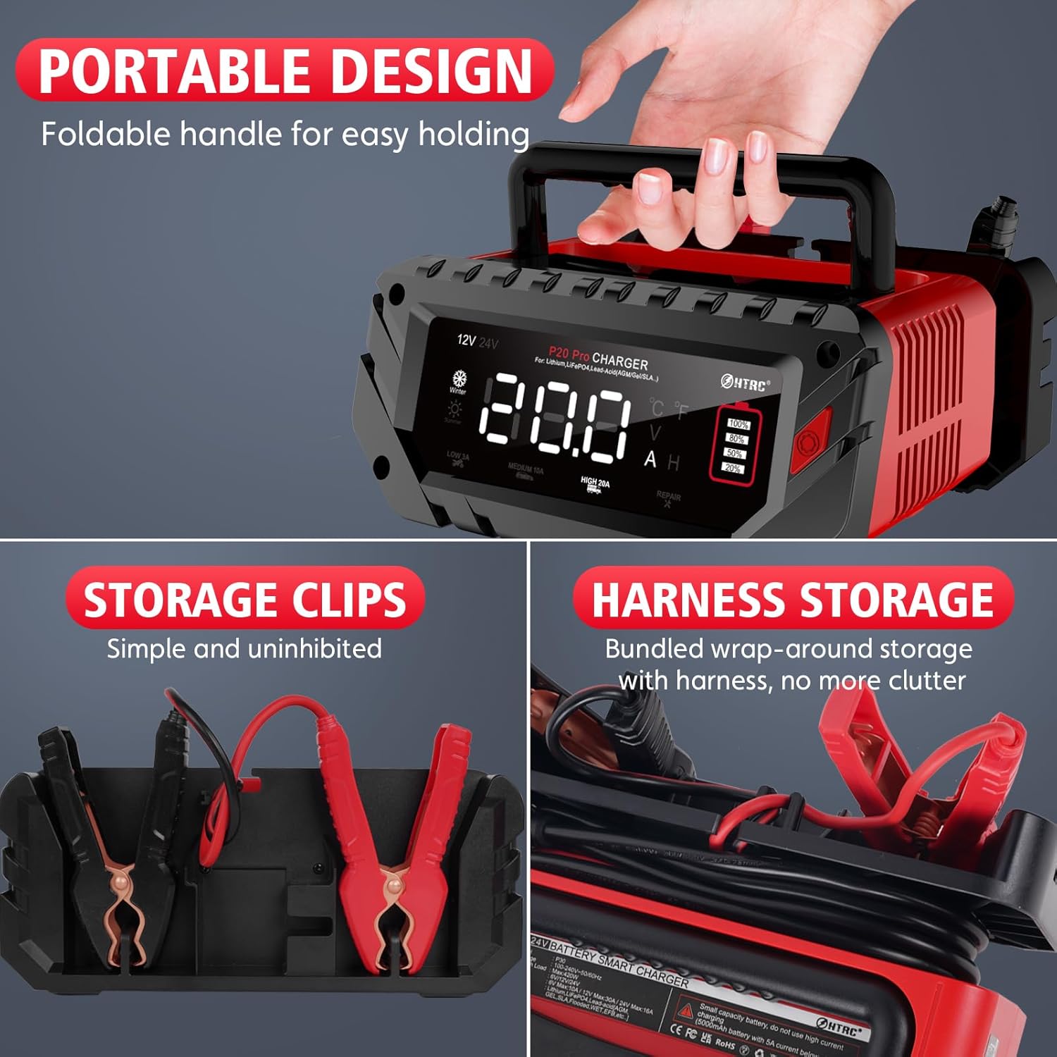 Person connecting charger to a car battery under the hood