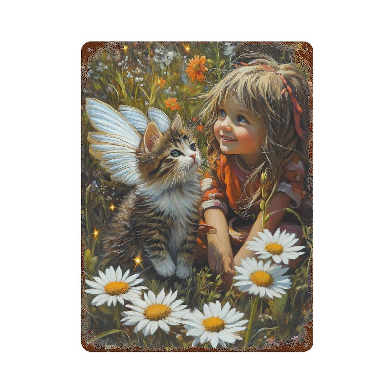 Rusty Metal Tin Sign with Enchanted Garden with Fairy Kitten Design 15.7"x11.8", for Shed, Workshop And Garage Wall Decor, Classic Wall Plaque