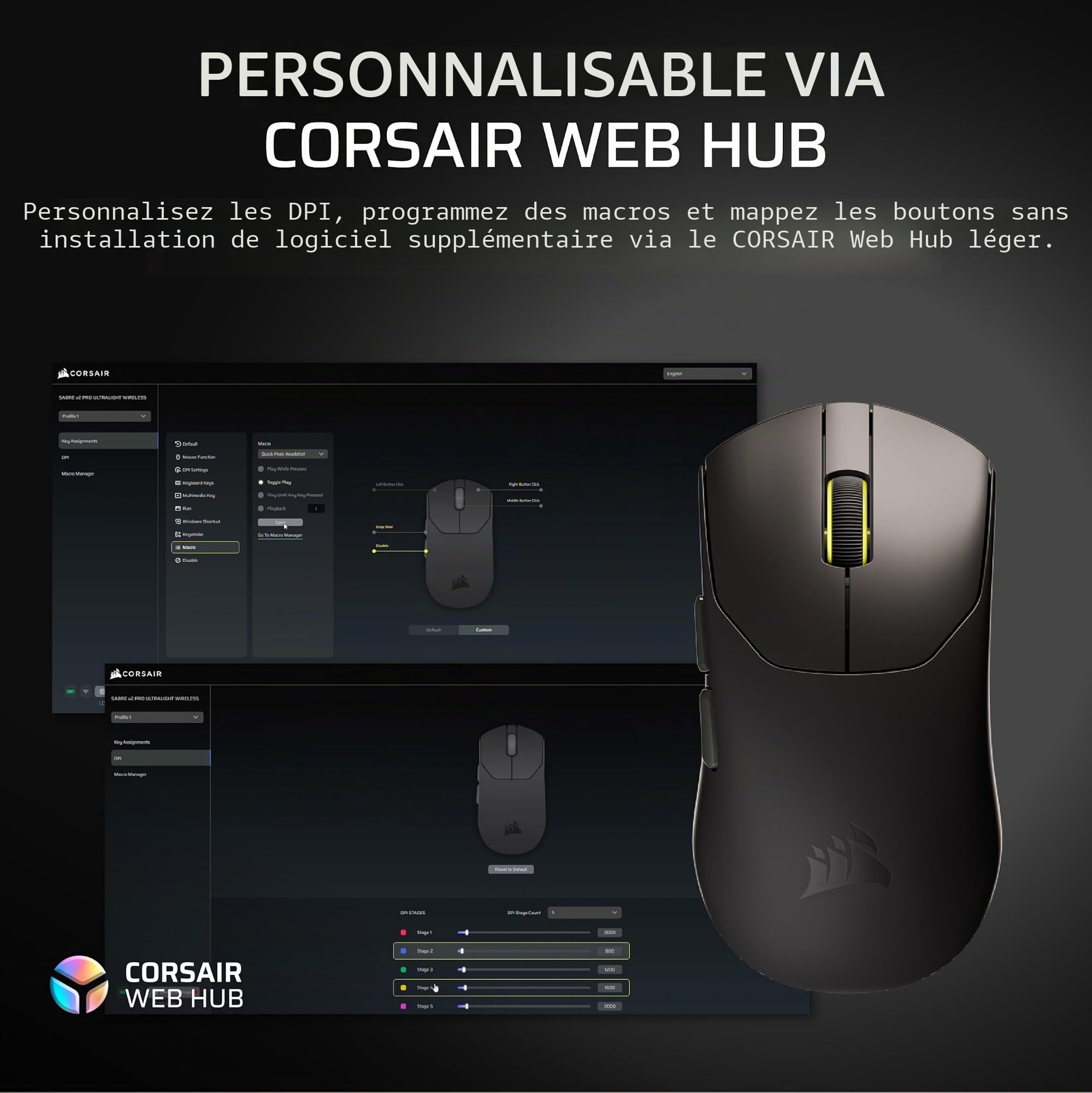 Corsair Sabre v2 Pro Souris de Jeu FPS sans Fil ultralégère - 33 000 DPI, Poids 36 g, Hyper-Polling 8000 Hz, interrupteurs mécaniques, autonomie sans Fil jusqu'à 70 Heures