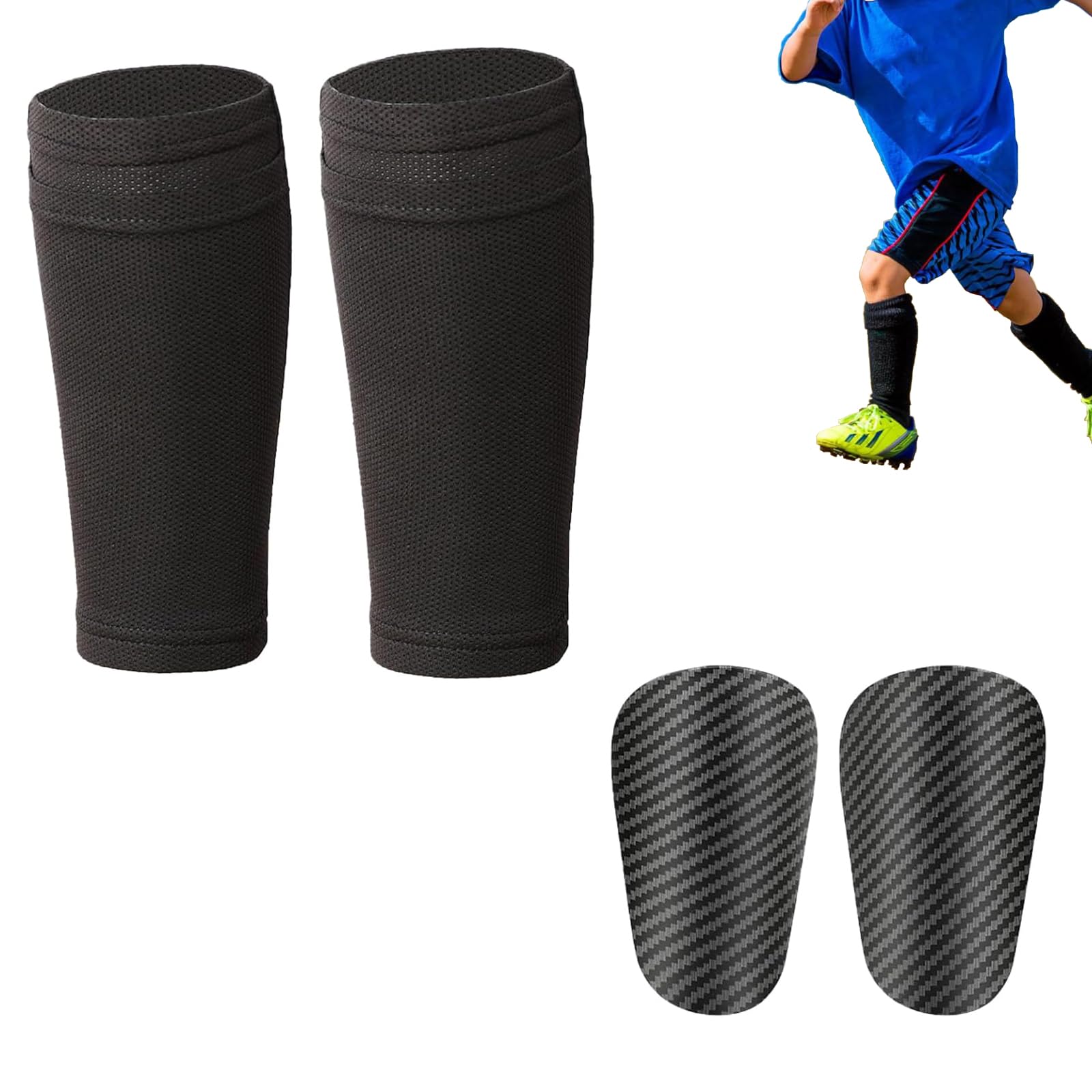 4 Pairs Soccer Shin Pads with Socks Set, Lightweight Football Shin Guards for Training and Matches, Anti Collision Leg Protection (Black)