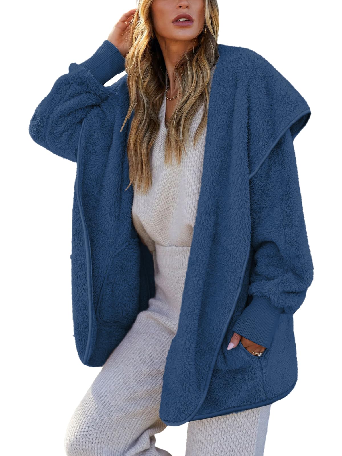 Paintcolors Women's Winter Faux Fuzzy Jacket Coat Fleece Hooded Long Sleeve Sherpa Jacket Oversized Teddy Coat with Pockets