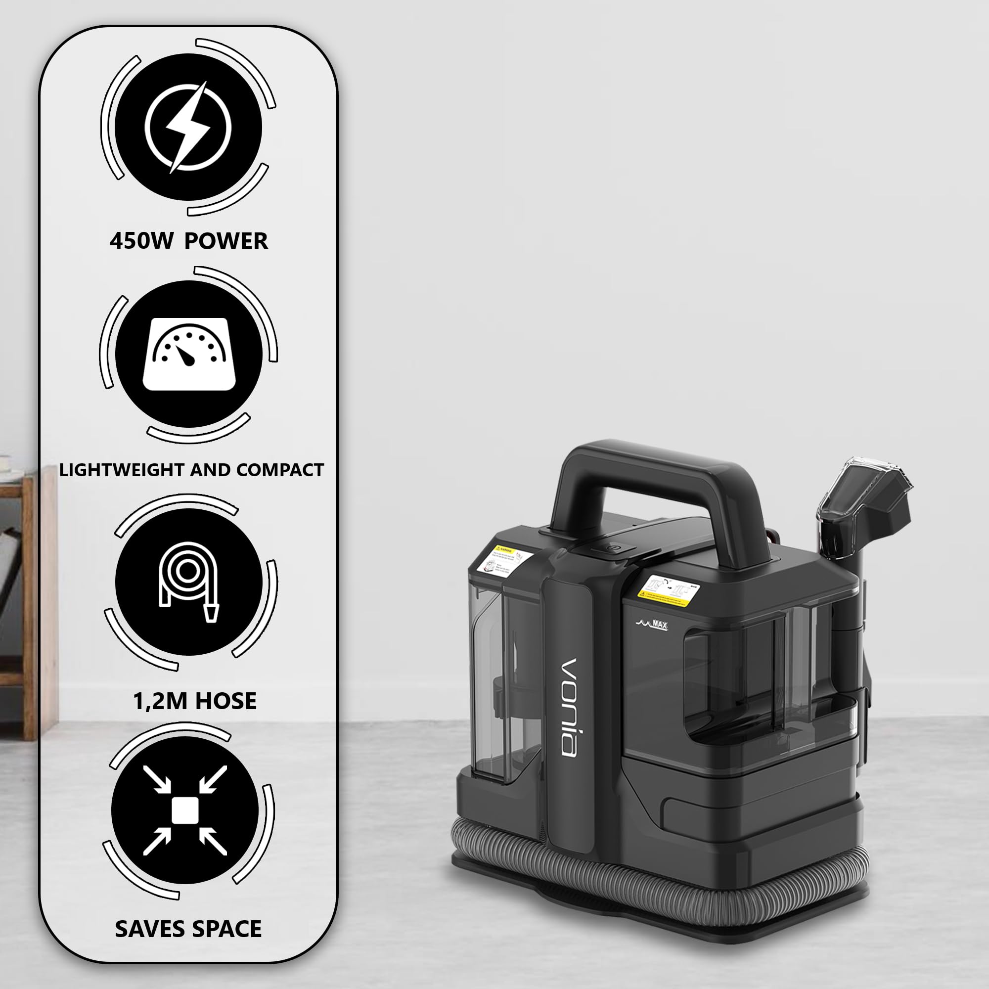 Vonia Machine à Nettoyer les Tapis Portable – Nettoyeur de Tapis Haute Succion 450W | Nettoyeur à Main pour Taches de Canapé, Canapé, Tapis, Sièges de Voiture, Matelas et Nettoyage des Tissus (Noir)