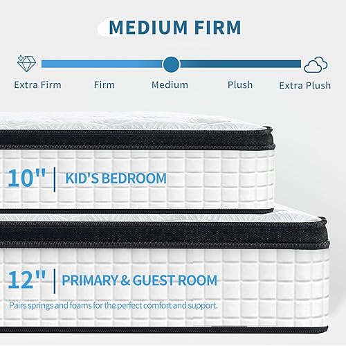 Miniatura 6 de Colchón tamaño Queen, colchón blanco de 12 pulgadas en una caja, colchones híbridos de espuma viscoelástica de 7 zonas, resortes embolsados