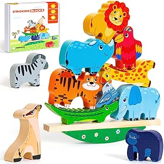 iValea Montessori Toys for 2 3 4 Year Old Boy Gifts, Wooden Animal Stacking Toys for Age 2-4, Building Blocks for 2 3 Year Old Girl Birthday Gifts, Preschool Learning Activities for Toddlers 1-3