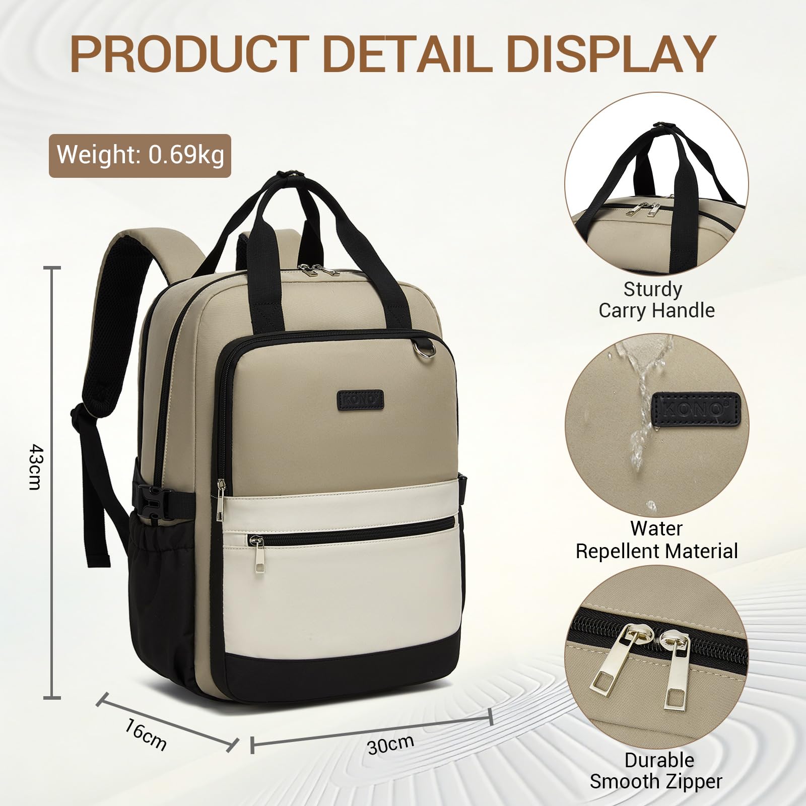 Kono Mochila para Portátil 15,6 Pulgadas Mujer, Gran Capacidad, Impermeable con Bolsillo para Botella, Ideal para Trabajo, Universidad, Viajes — view 6