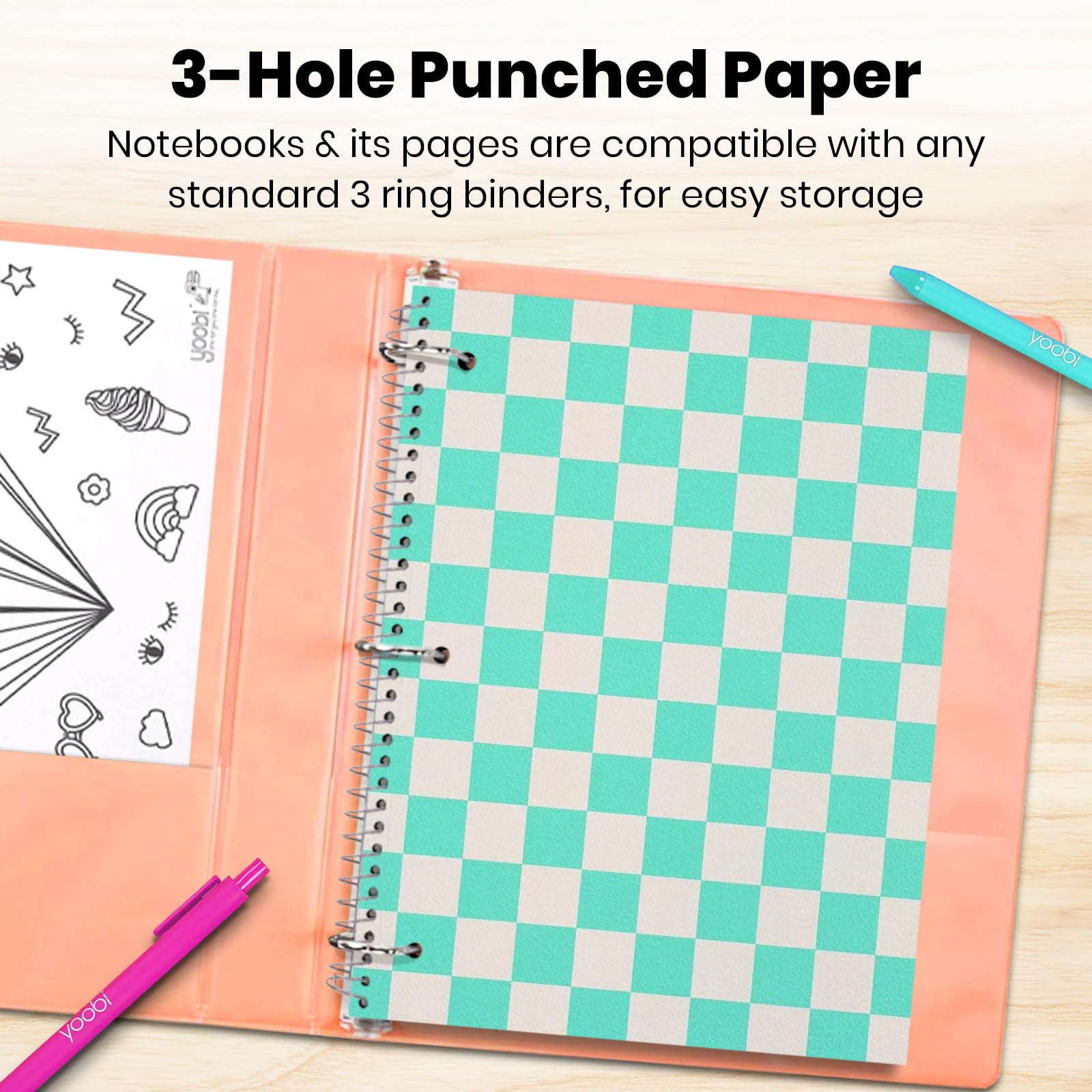Yoobi Juego de cuadernos en espiral de rayas anchas, paquete de 3 cuadernos de 1 materia, diseños rosa brillante, azul y verde, 150 hojas perforadas de 3 agujeros cada una, para la escuela, la oficina