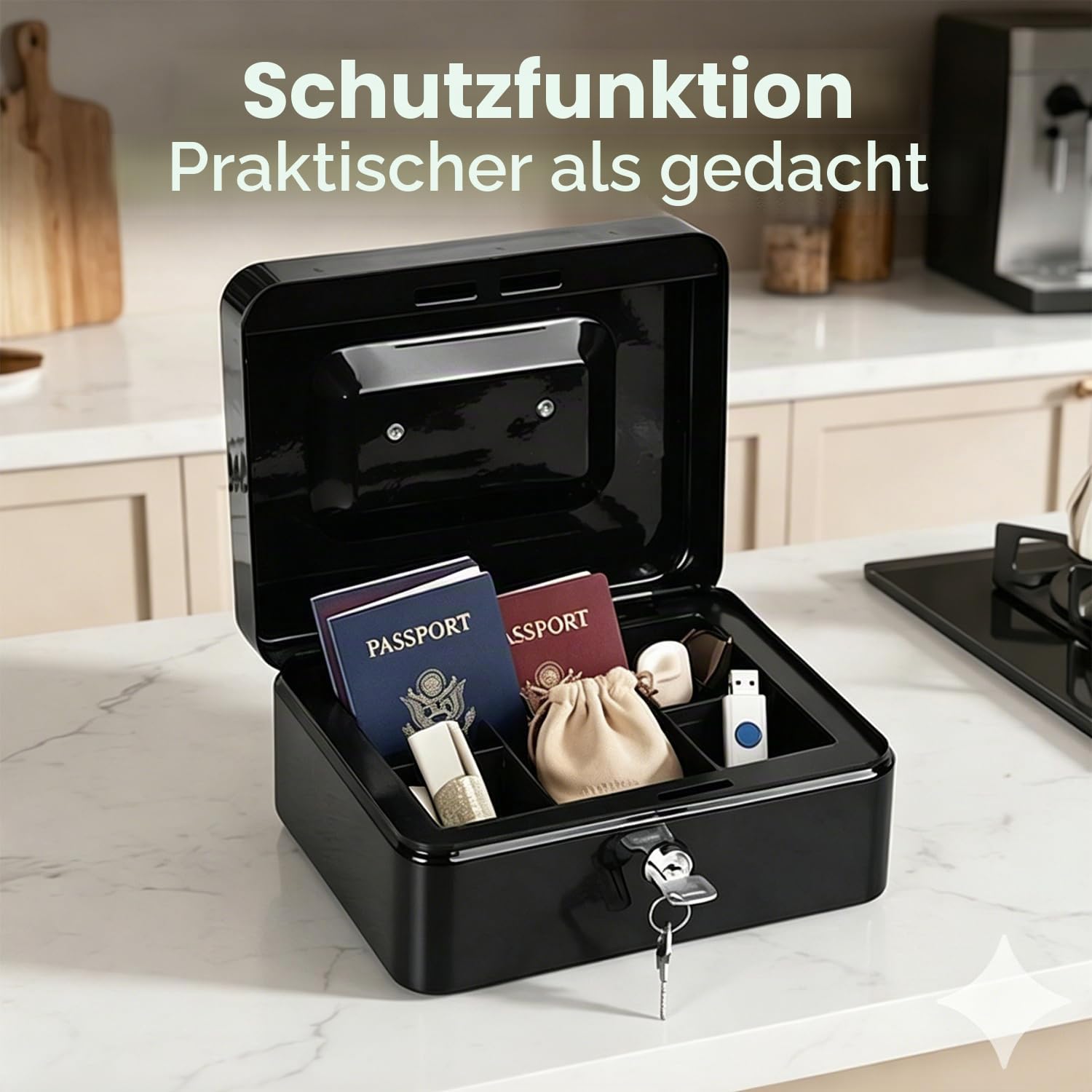 Feuerfeste Box mit großer Kapazität tragbarer Metall sicherer Aufbewahrungsbox mit 2 Tasten für Heimwagen -Reisedokument Cash Schmuck Feuerwerk Datei Box (Schwarz)