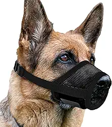 Focinheira de cachorro XL para raças grandes, malha de poliéster ajustável, preta, serve para focinhos de 22 a 28 cm, alça superior segura, evita mordidas