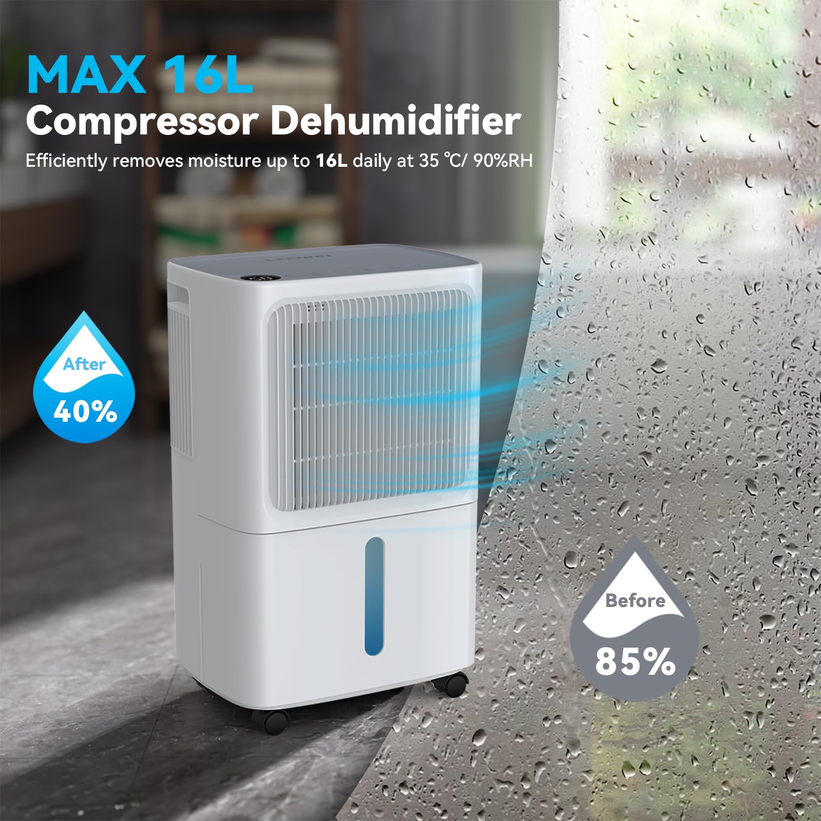 LEENON Deumidificatore Casa Muffa 16L/24h, Elettrico Deumidificatore Portatile con 3 Modalità, Silenzioso, Riavvio Automatico, Asciugatura Biancheria, Drenaggio Continuo, Timer, per Casa Bagno