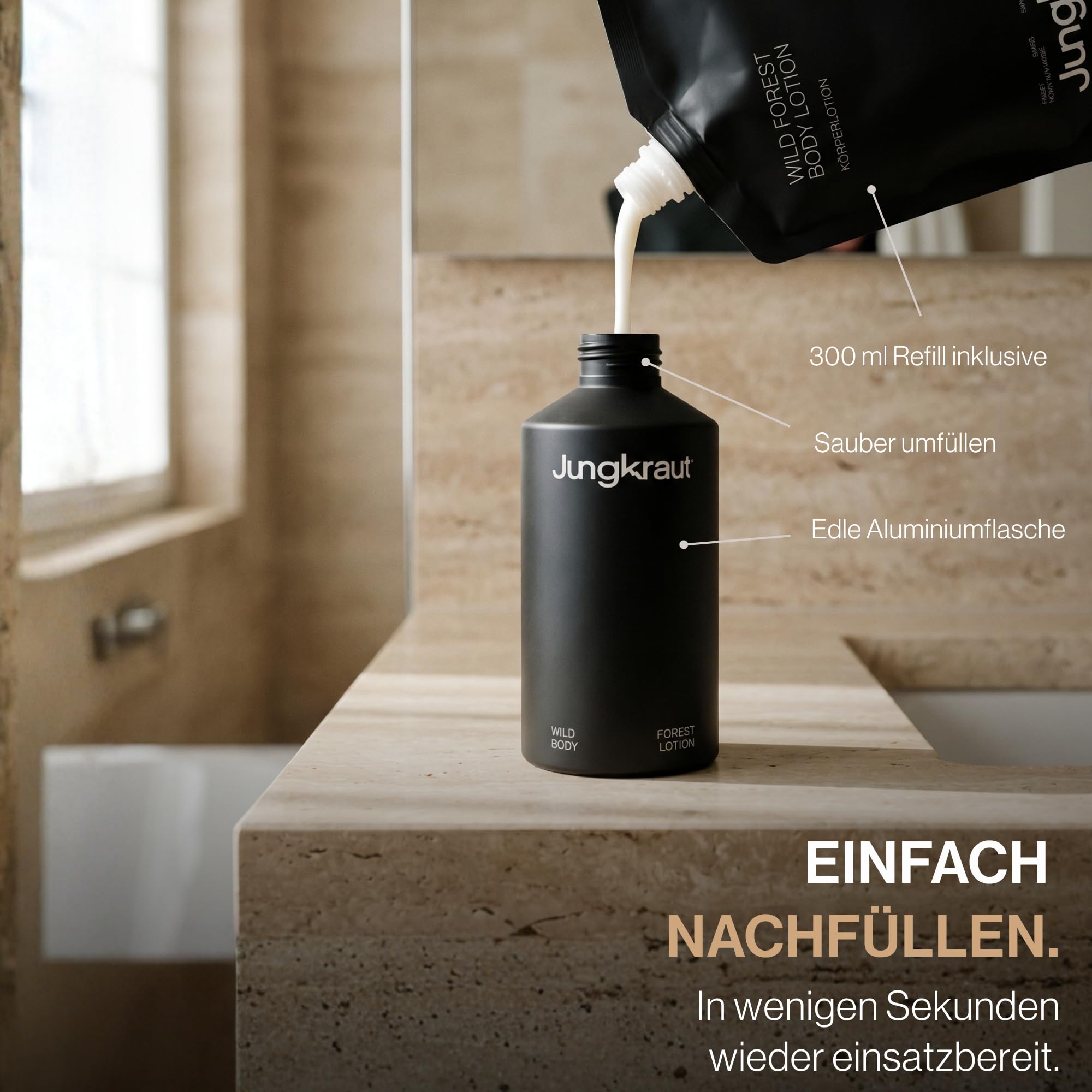 Wild Forest Body Lotion Set Männer 300ml Aluflasche + 300ml Refill, natürliche Körperlotion, ultraleicht, nicht klebend, Swiss Made, vegan
