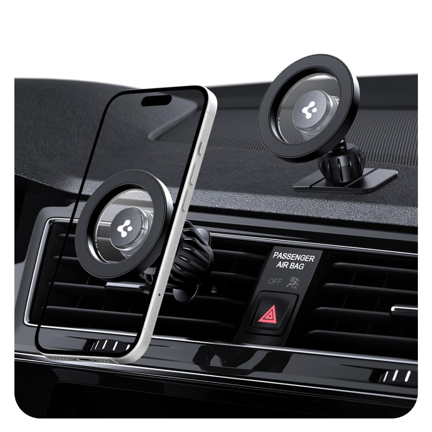 Spigen Magnetic Air Vent Car Mobile Holder [Super Strong Magnet] [Magnetic Ring Included][Extra Mini Dashboard Mount] for iPhone 17/16/15/13/12, Samsung Galaxy Series and More - Black