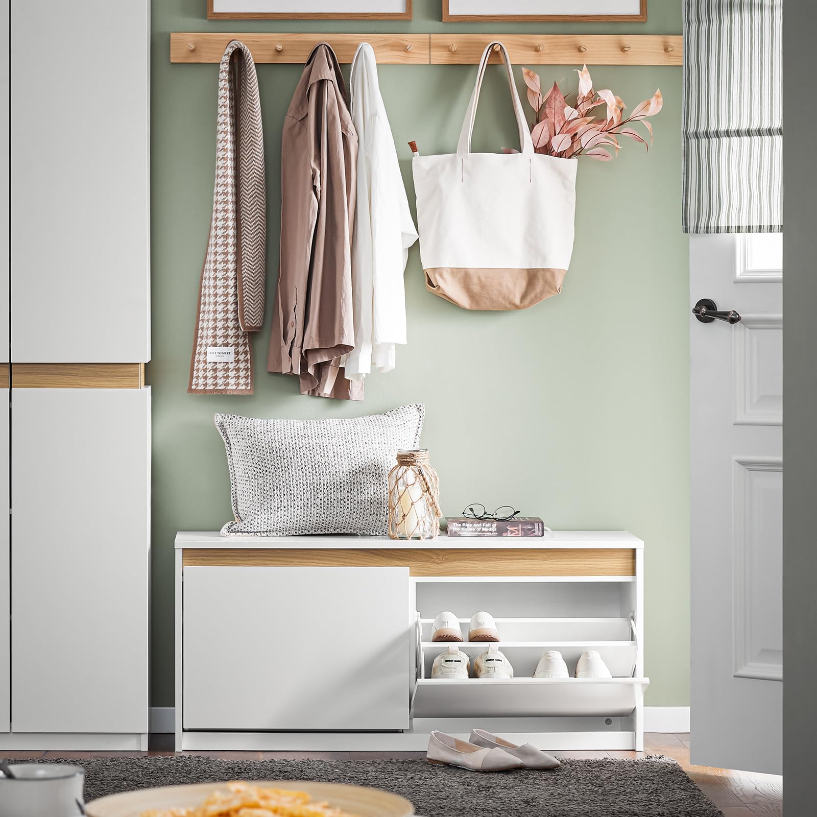 SoBuy Cassapanca Contenitore da Interno Panca Scarpiera da Ingresso con Contenitore e Seduta - Adatta a Ingressi, Soggiorni e Camere, Bianco, 104x30x47 cm, Testata per 240 kg, FSR171-W