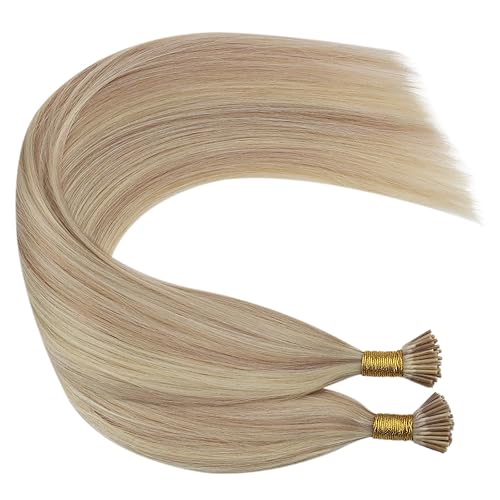 Miniatura 9 de Ugeat I Tip - Extensiones de cabello humano con queratina de 18 pulgadas, extensiones de cabello humano #P1813 rubio ceniza con reflejos rubios