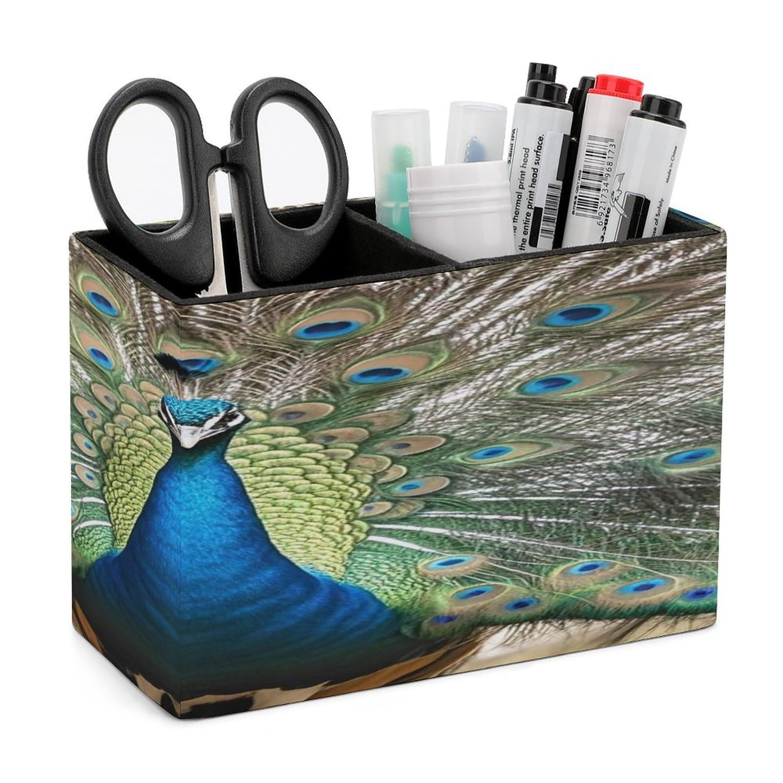 FekiLoot Peacock Pattern Pen Holders for Desk Small Remote Control Holder Leather Pencil Cup with Double Compartments Desktop Organizer for Table Desk Office Space Saving