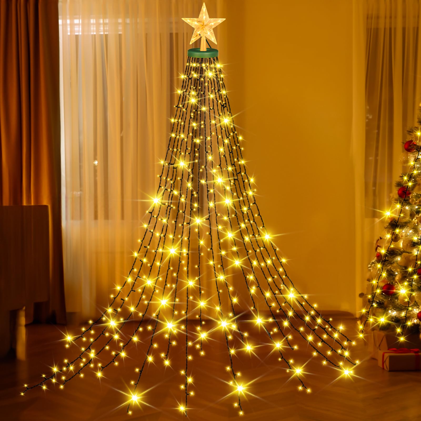 Luci Albero Natale Esterno Cascata, 2Mx16 Fili 420LEDs Luci Albero Natale, 8 Modalità Luci di Natale per Albero con Anello, IP44 Impermeabile per Interni Esterni Giardino (Caldo-Star)