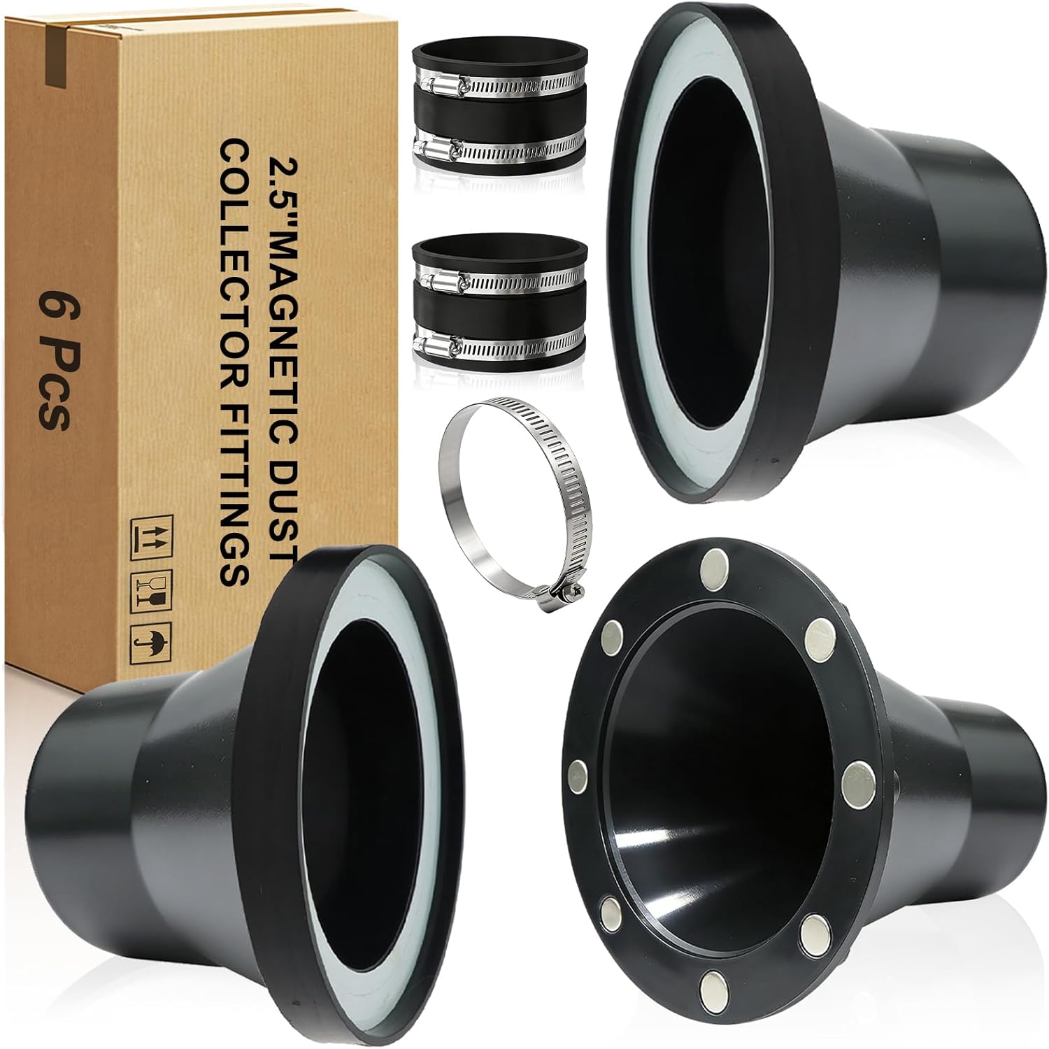 2-1/2-Inch Magnetic Dust Collector Starter Kit, Heavy Duty Quick Connect Fittings with 8 High-Strength Magnets & Safety Lanyard, Includes Hose Connector & Steel Receiver, for Woodworking