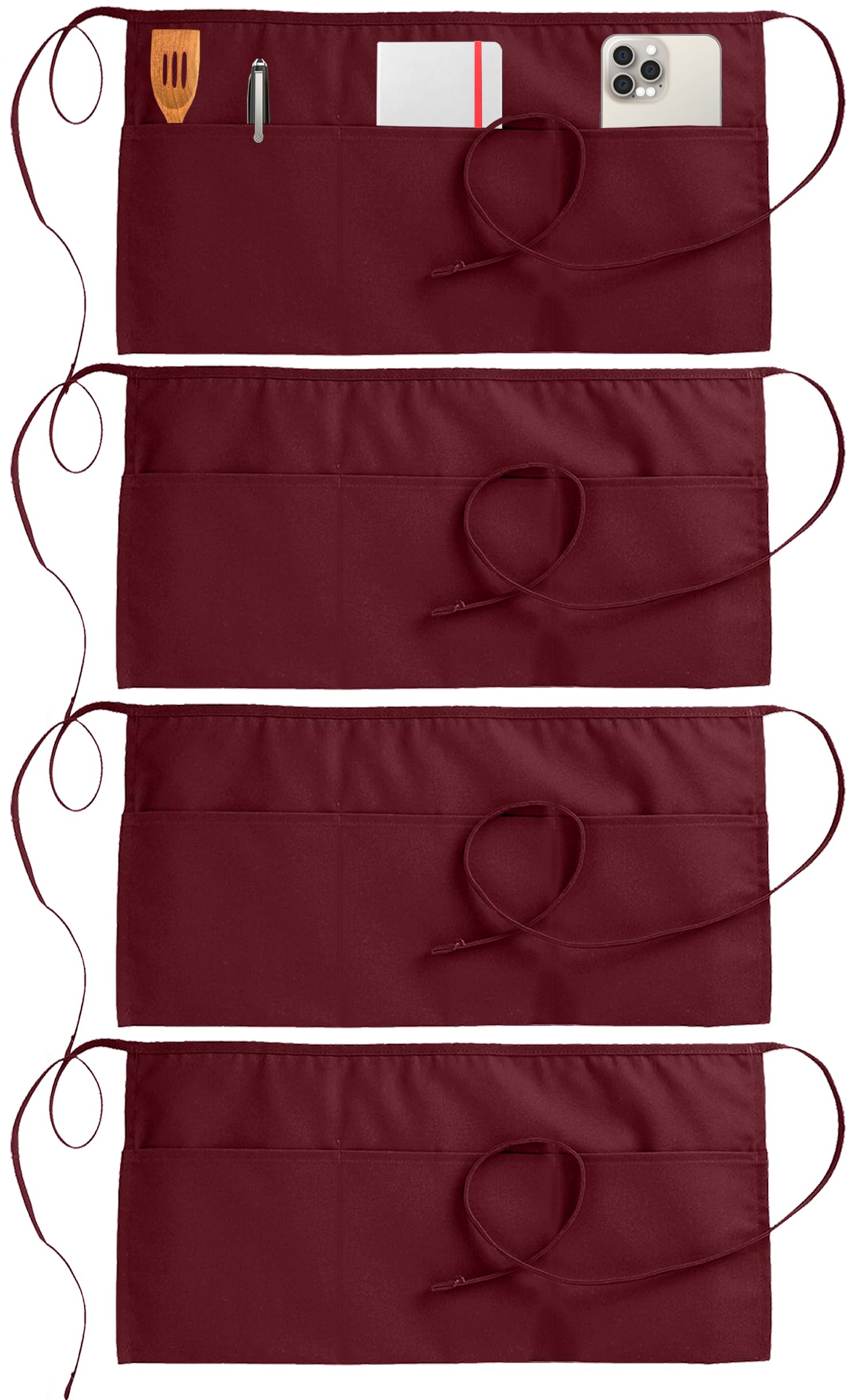 Utopia Deals Unisex Burgundy Utopia Wear Server Aprons With 3 Pockets, Waiter And Waitress Waist Aprons For Women With Pockets, Men Short Aprons, 24X12 Inches (Pack Of 4)