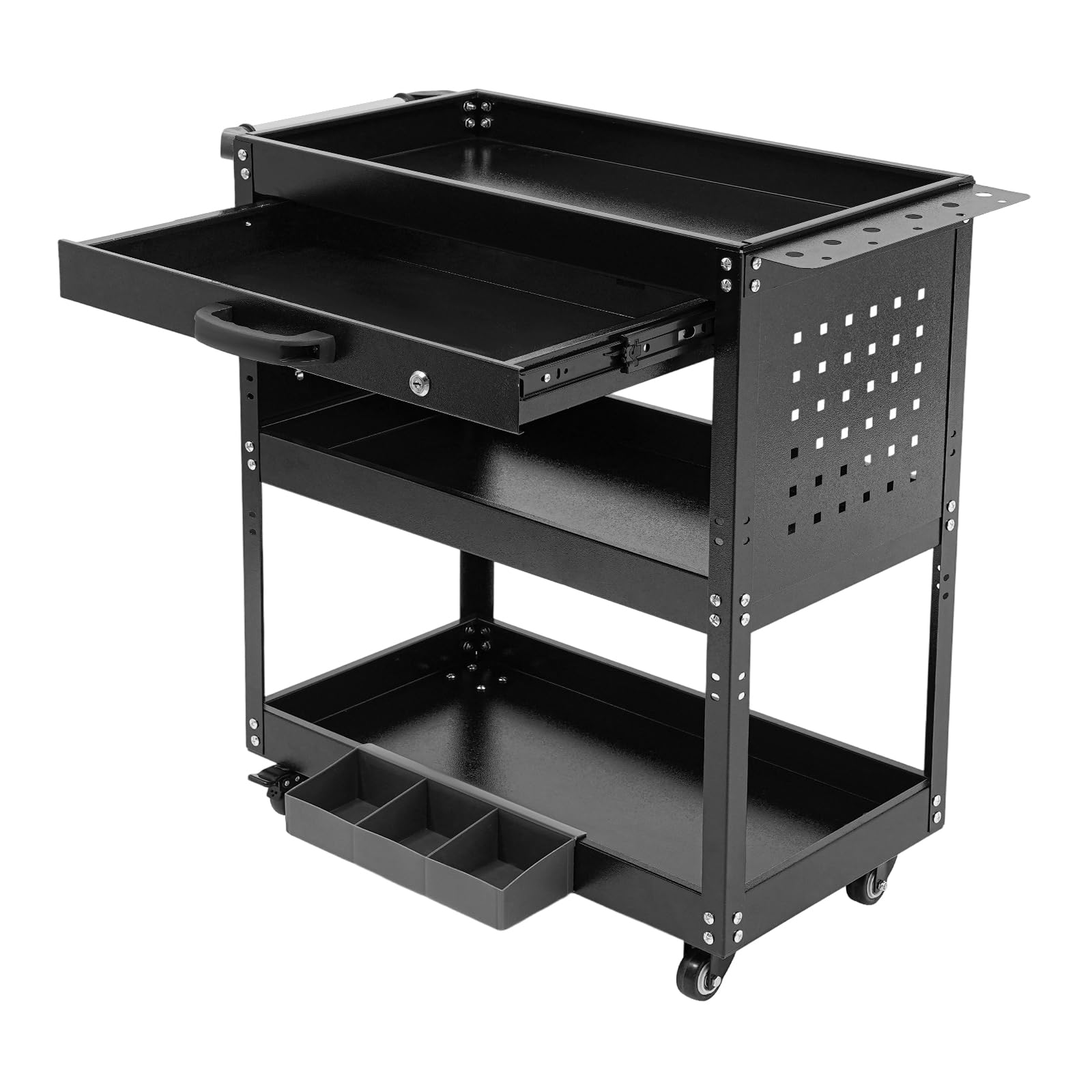 Carrello portautensili vuoto, a 3 piani con cassetto, portata 250 kg, in acciaio blu, 4 ruote (2 freni), per officina, garage e magazzini (nero)