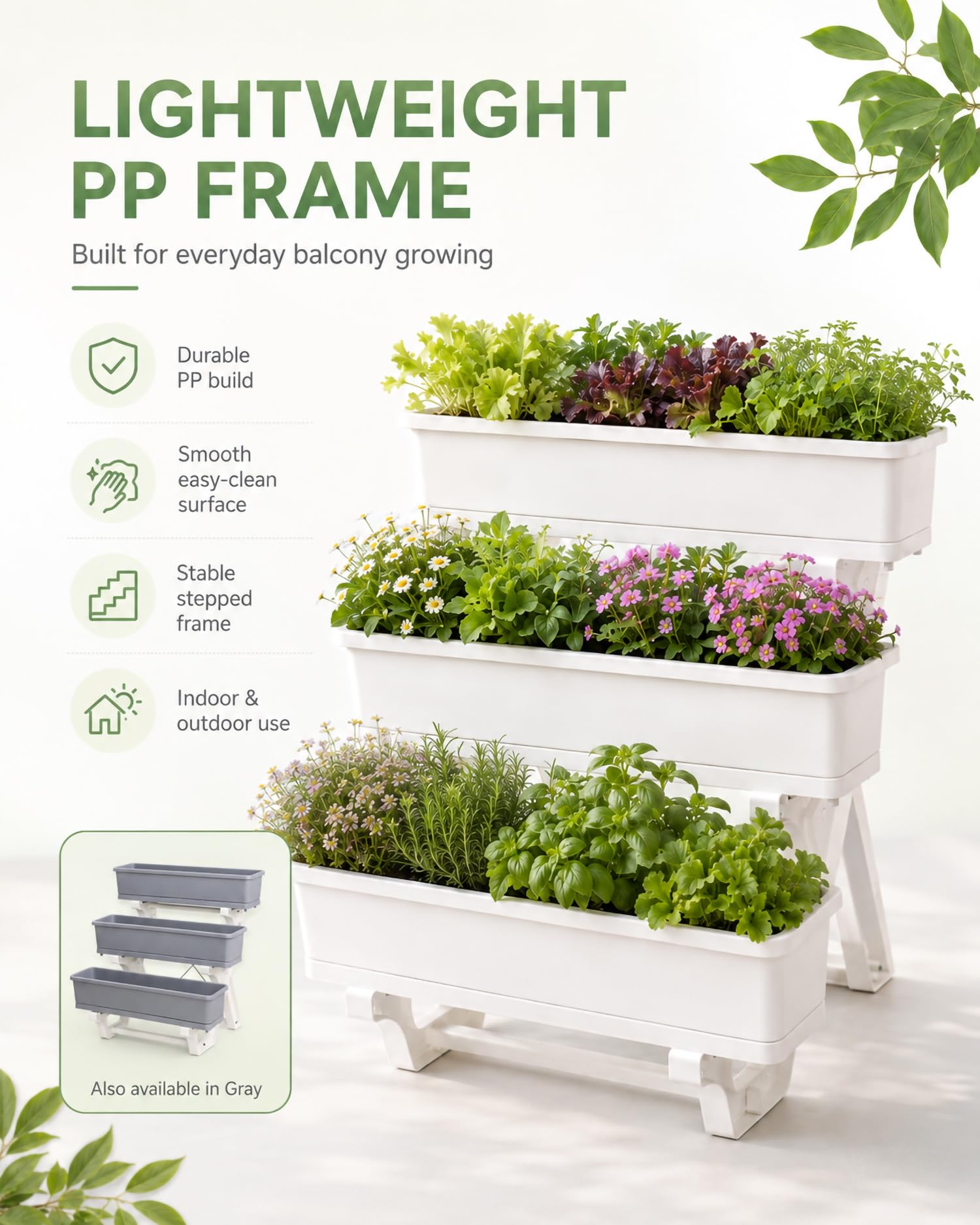 Jardinera Elevada De PP con 3 Niveles, 56 Orificios De Drenaje Y Perfil Estrecho, Mesa De Cultivo para Balcón, Huerto Urbano para Verduras, Flores Y Plantas,Blanca,72 * 58 * 75cm
