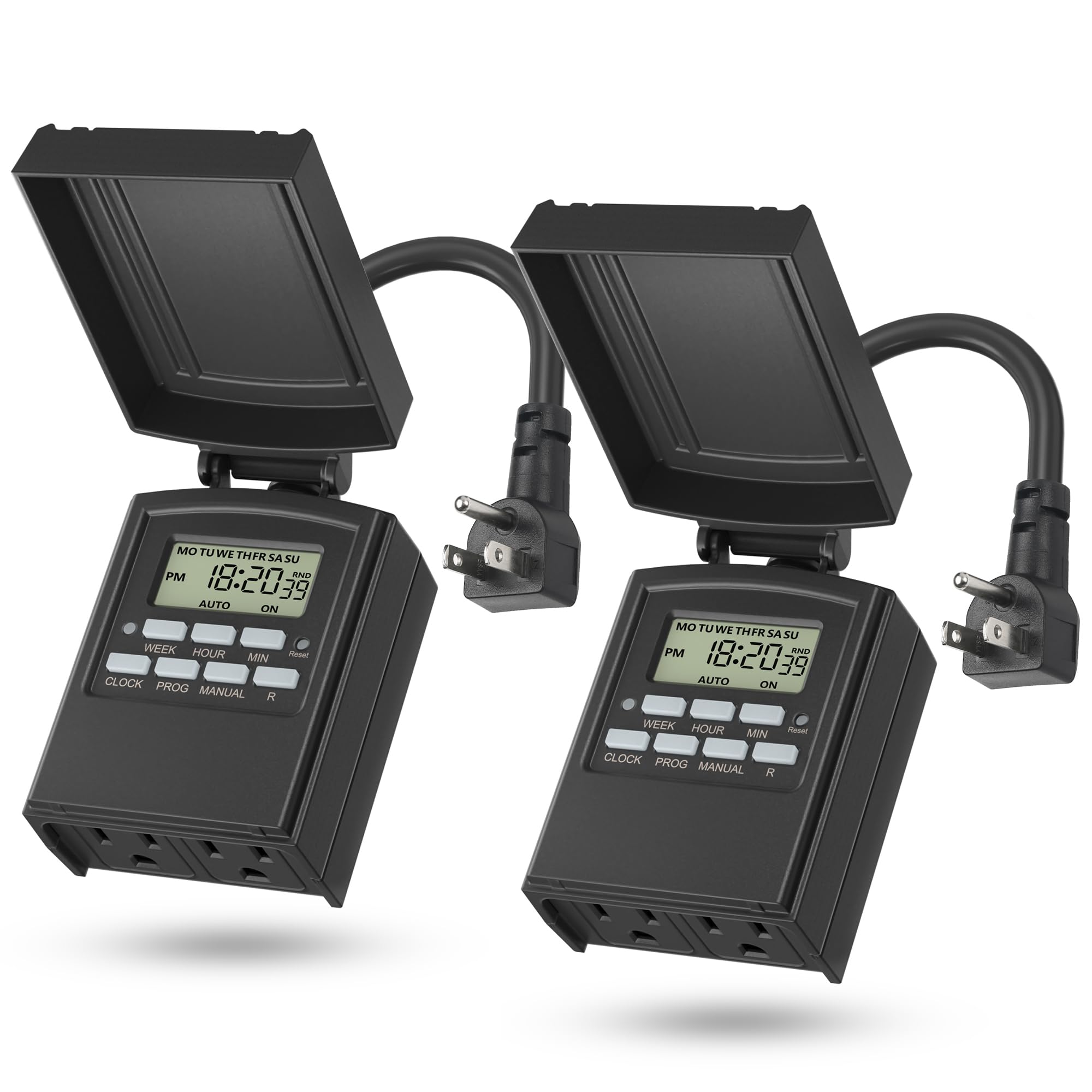 BN-LINK 7 Day Outdoor Heavy Duty Digital Programmable Timer, Outdoor Timer Outlet Waterproof, 2 Grounded Electrical Outlets for Christmas Lights, ETL Listed（2 Pack）