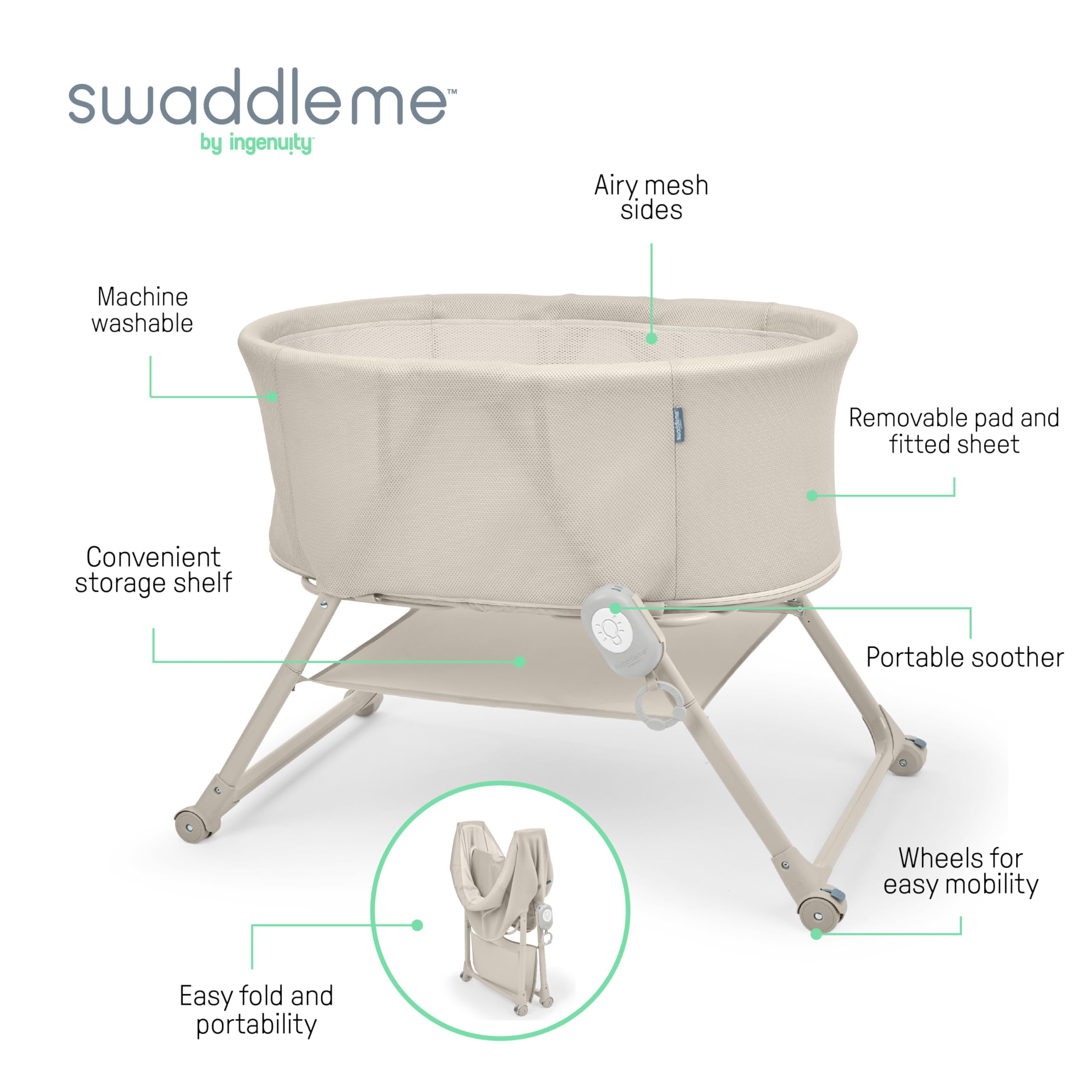 Ingenuity Snooze & Stow Easy-Folding Stubenwagen mit Sound, Licht und Vibration, tragbarer Baby-Stubenwagen mit Einhand-Klappmechanismus, Netzseiten, Ablagefach und Rädern
