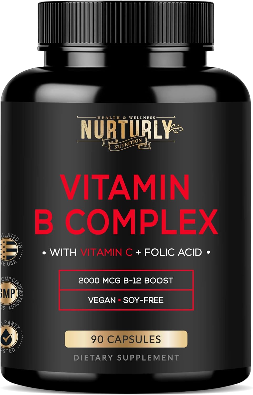 Vitamin B Complex with Vitamin C – Contains All Essential B Vitamins – B1, B2, B3, B5, B6, B7, B9, B12 and Biotin – Super B Complex Vitamins for Energy, Immunity and Mood Support – 90 Capsules