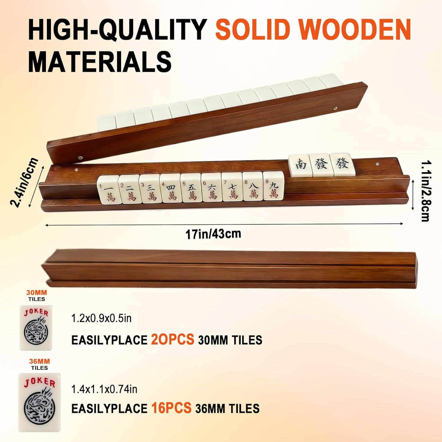 Wooden Mahjong Racks with Pushers Set of 4, 17" All-in-One Mahjong Tile Holders with Storage Bag – Perfect for Mahjong, Dominoes & Mexican Train (Natural Walnut)