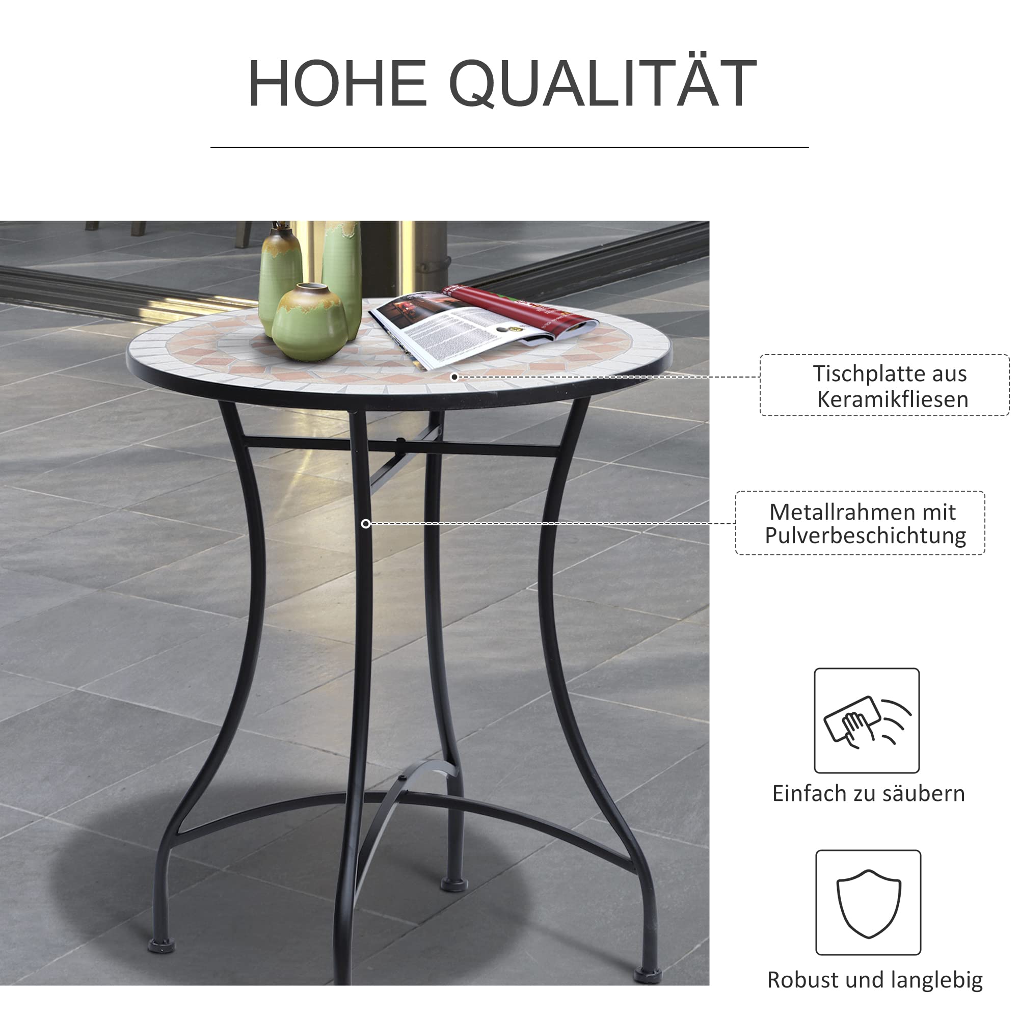 Outsunny Gartentisch Mosaiktisch Balkontisch Beistelltisch Seviertisch rund Stahl + Keramik Orange + Weiß Ø60 x H71 cm
