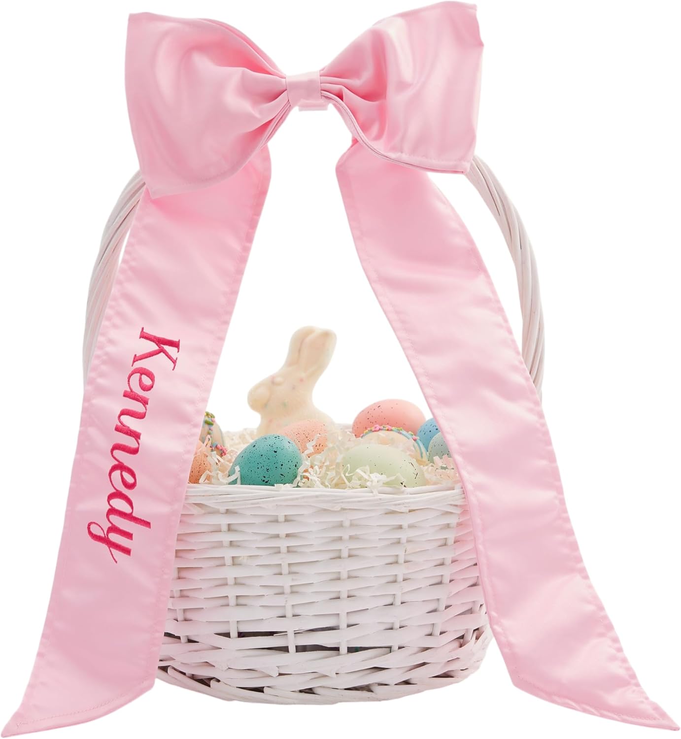 Personalization Universe Custom Embroidered Pink Bow Easter Gift Basket – Personalized Easter Basket for Kids – Decorative Storage & Holiday Gift