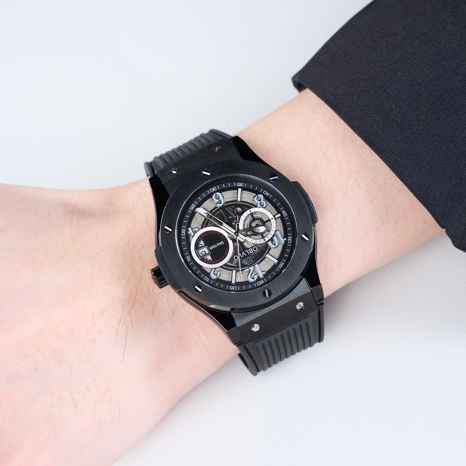 OBLVLO Orologio meccanico classico da uomo, quadrante nero in oro rosa con data, impermeabile, movimento automatico Miyato, cinturino in gomma, HM-GT