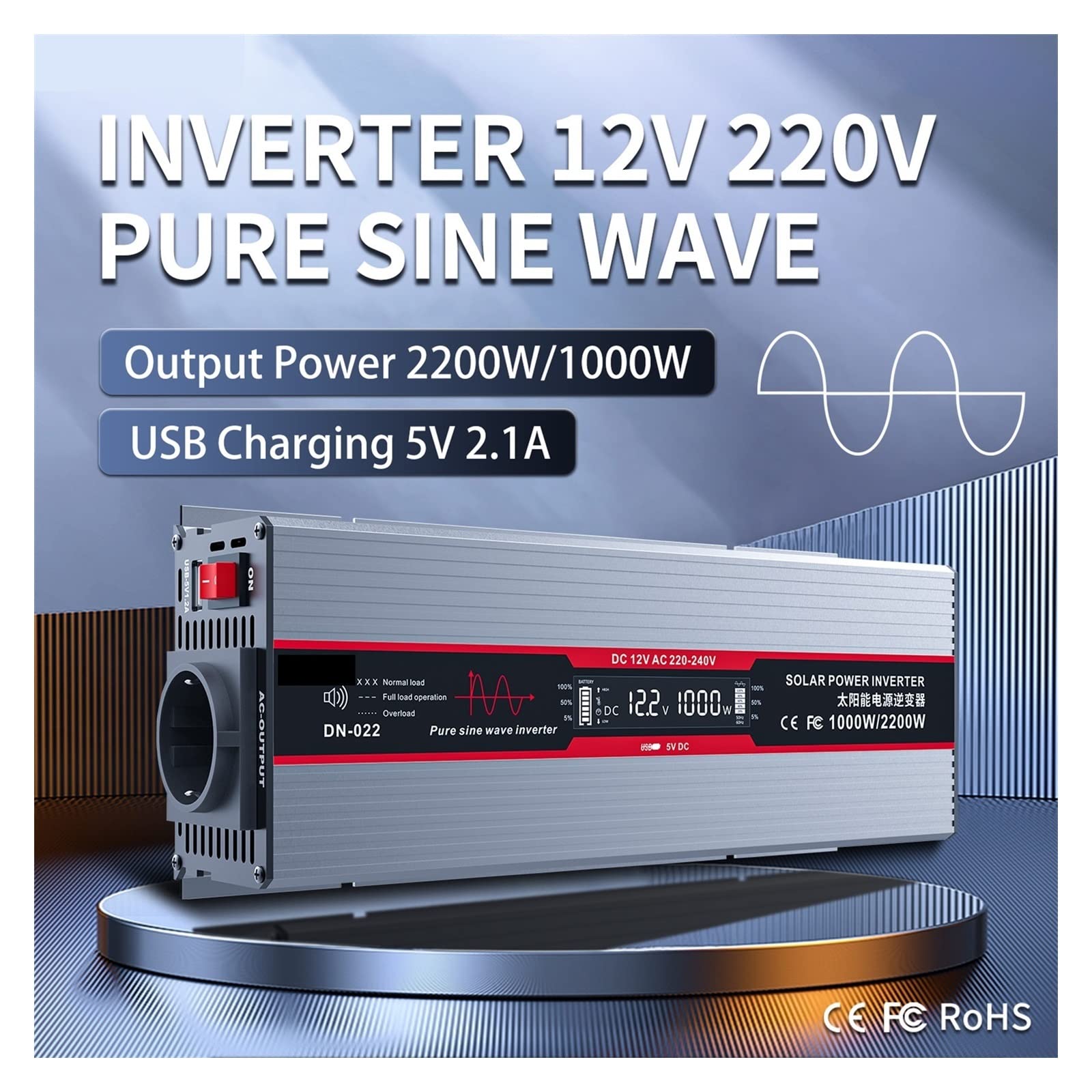 Falownik 12V 220 czysta fala sinusoidalna 2200W przetwornica napięcia ciągła moc 1000W przetwornica napięcia z diodą ładowania USB,PotężNa Moc WyjśCiowa(Grijs)