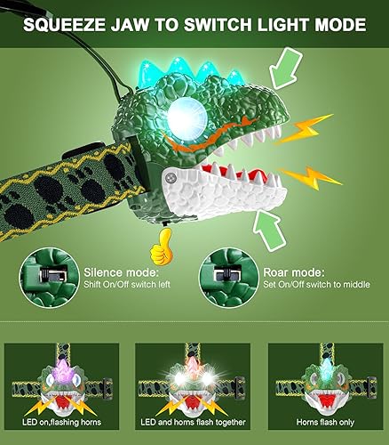 Miniatura 5 de Linterna frontal para niños, linterna frontal LED de dinosaurio con diadema ajustable para niños y niñas, 3 modos de iluminación, perfecto para