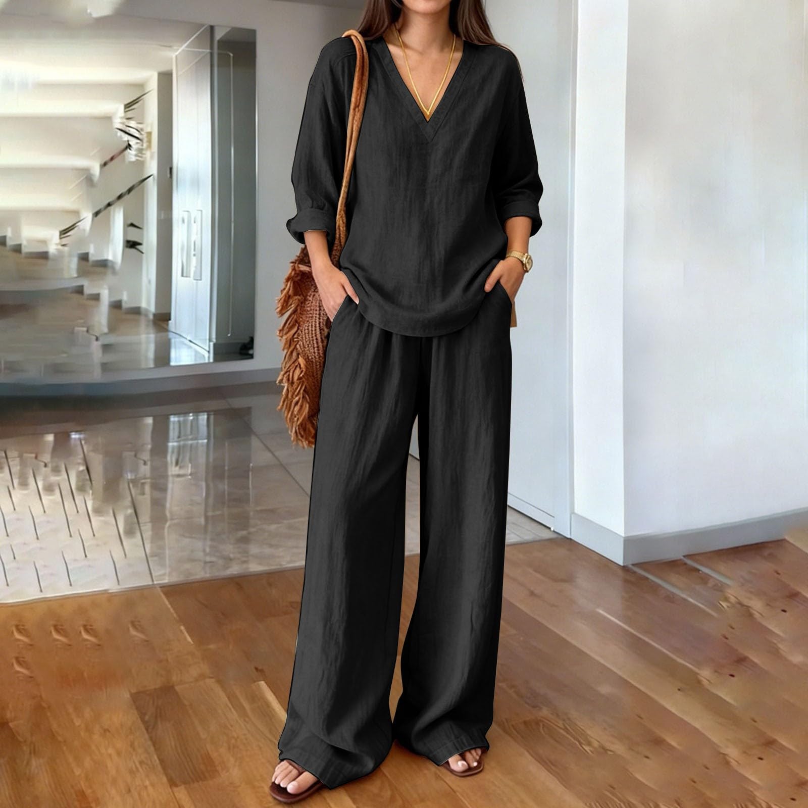 Zweiteiliges Set Damen Elegant - Sommer Leinenanzug Langarm V-Ausschnitt