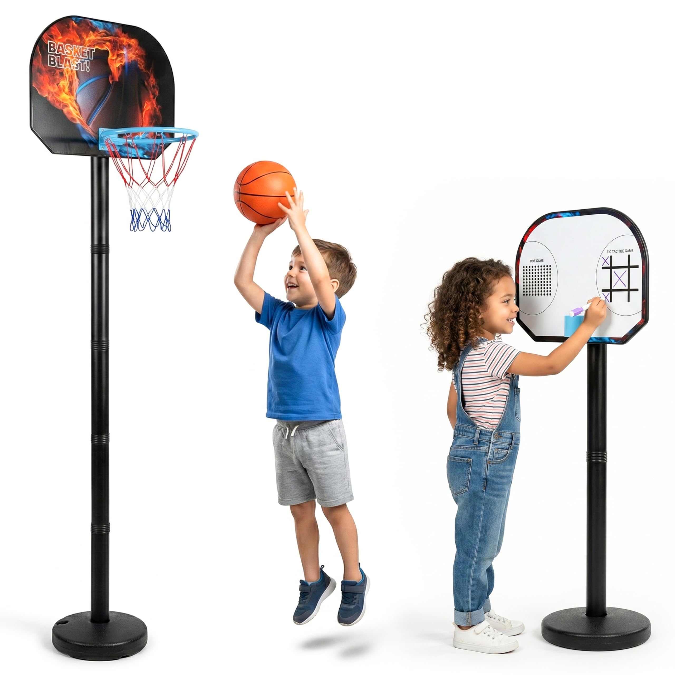 Kidsmate 3-in-1 Basketball Play Set for Kids | Adjustable Height Basketball Stand with Board & Marker, Tic Tac Toe & Dot Game | Indoor & Outdoor Sports Toy for Boys & Girls - Multicolor-image-15