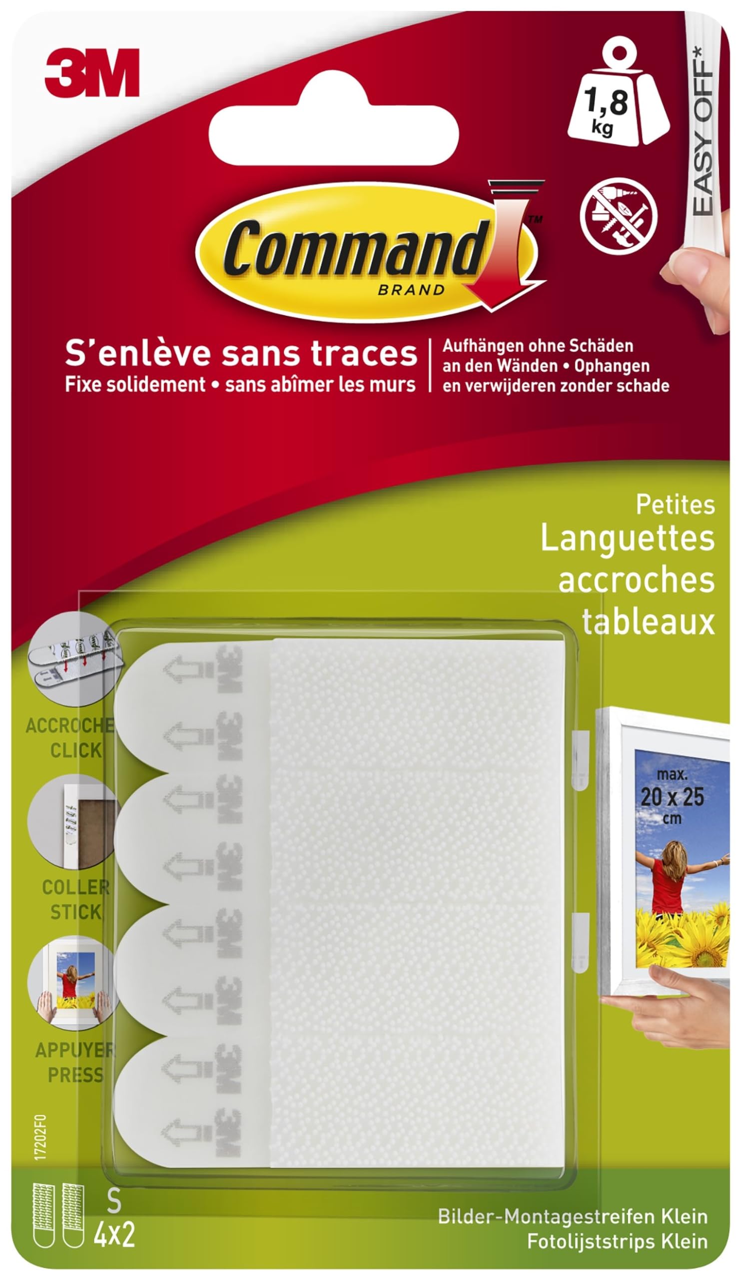 Command Languettes Accroches Tableaux, Petit Modèle, 4 x 2 Languettes, 1,​8 kg, Blanc - Sans Outils - Fixation sans Dommage
