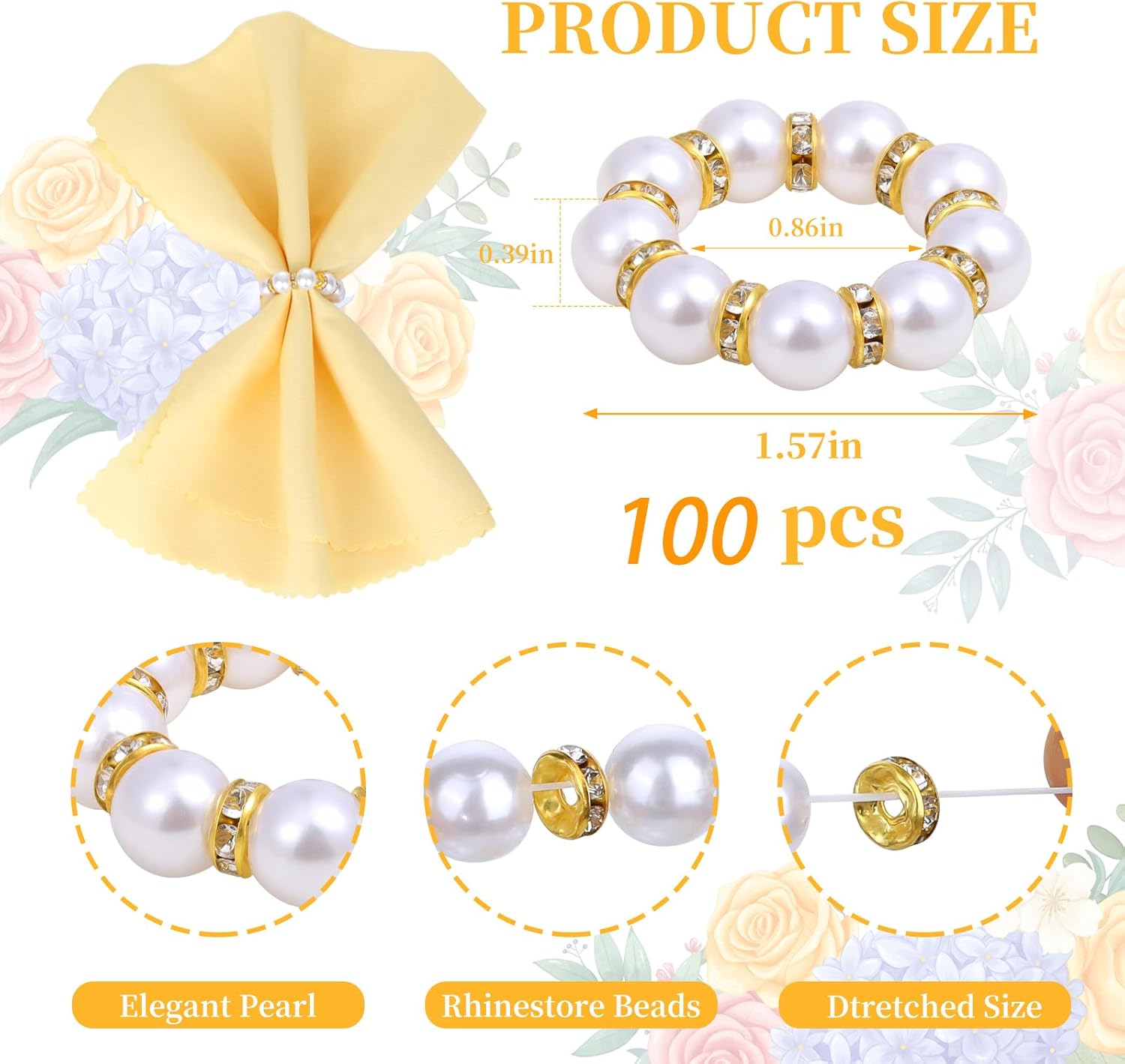100 Pcs Gold Pearl Napkin Rings Set – Elegant Wedding Napkin Holders, Disposable Golden Napkin Rings, Pearl Napkin Holders Bulk for Wedding, Party, Banquet, Birthday Table Decor (Gold, 100 pcs)