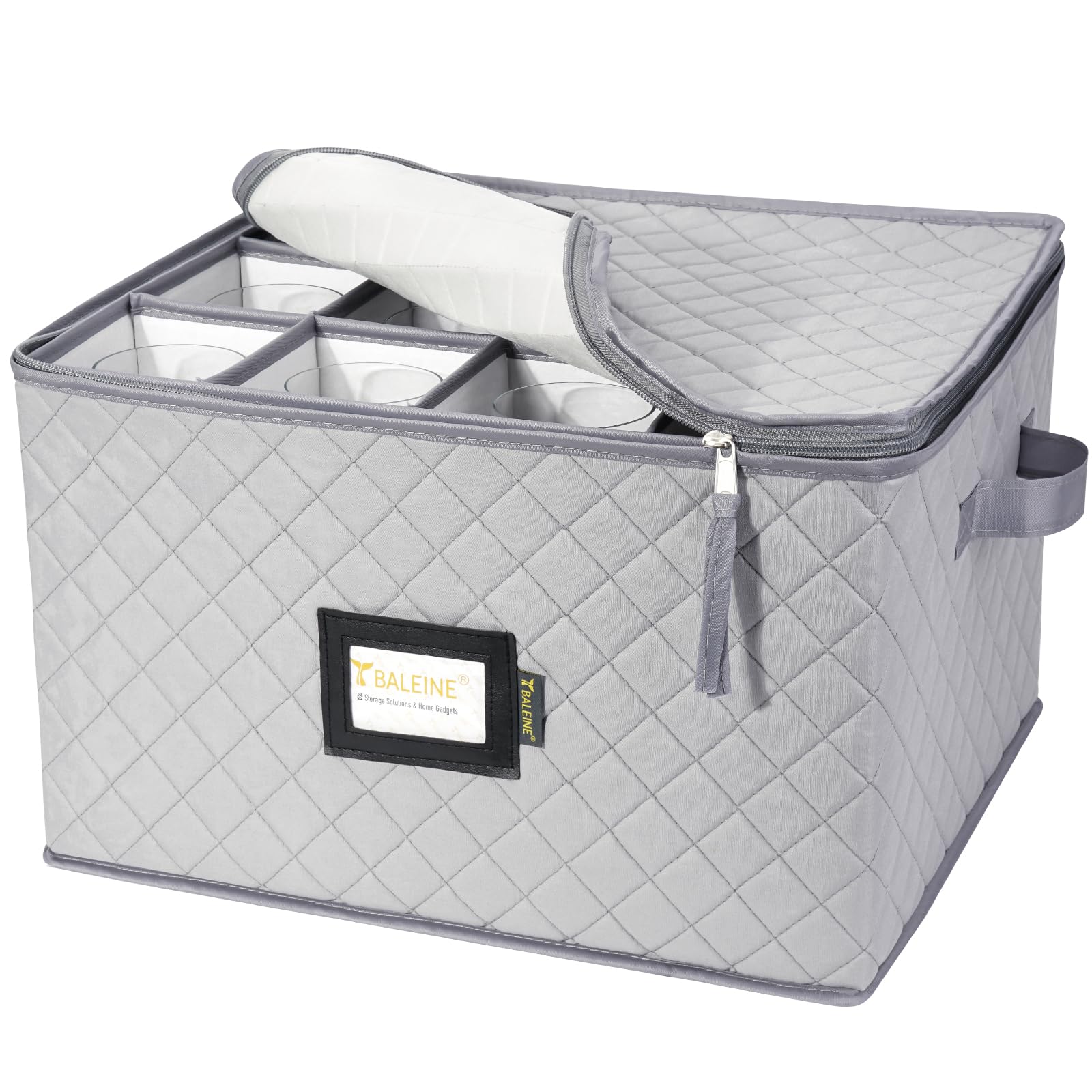 BALEINEChina Storage Containers, Sturdy Quilted Wine Glass Storage, Plate Organizer with Carry Handles and Dividers, Moving Boxes for Dishes, Cups, Mugs and Stemware (Wine Glasses Storage, Grey)