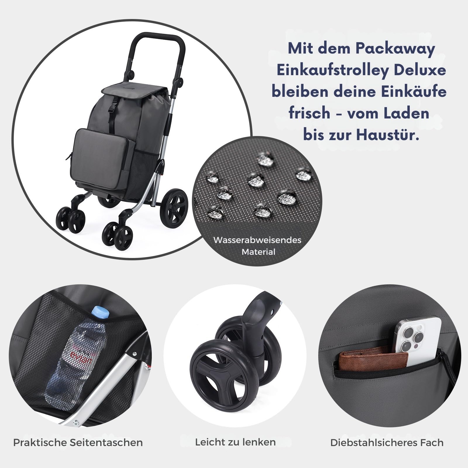 Packaway Einkaufstrolley mit 4 Rädern – Deluxe Einkaufswagen mit Kühlfach & verstellbarem Griff – 60 Liter – Grau – Faltbarer Einkaufsroller mit großer Tasche