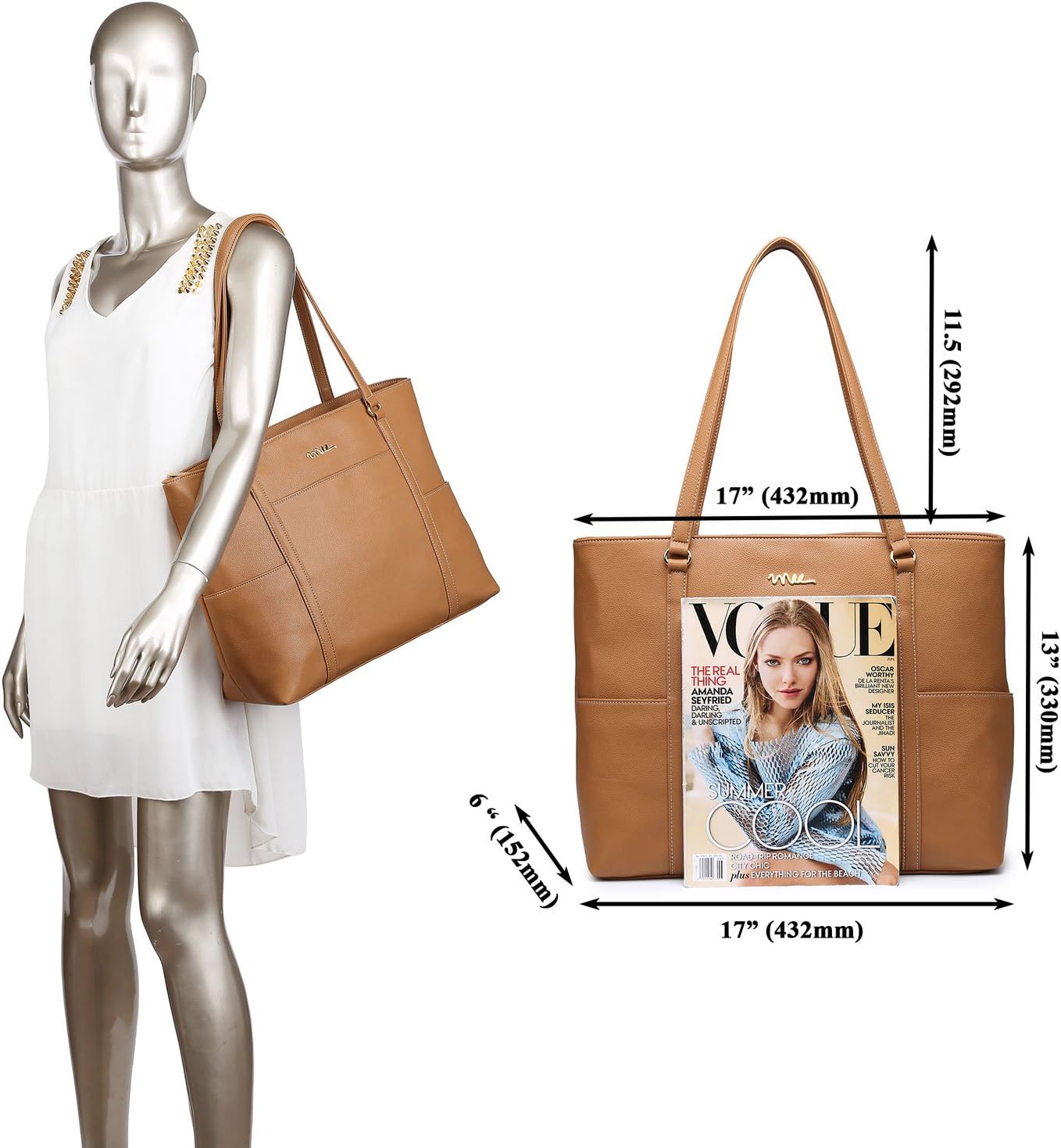 Classic Laptop Leather Tote Bag for 15 15.6 inch Notebook Computers Travel Carrying Bag with Smart Trolley Strap Design - Light Brown - Image 6