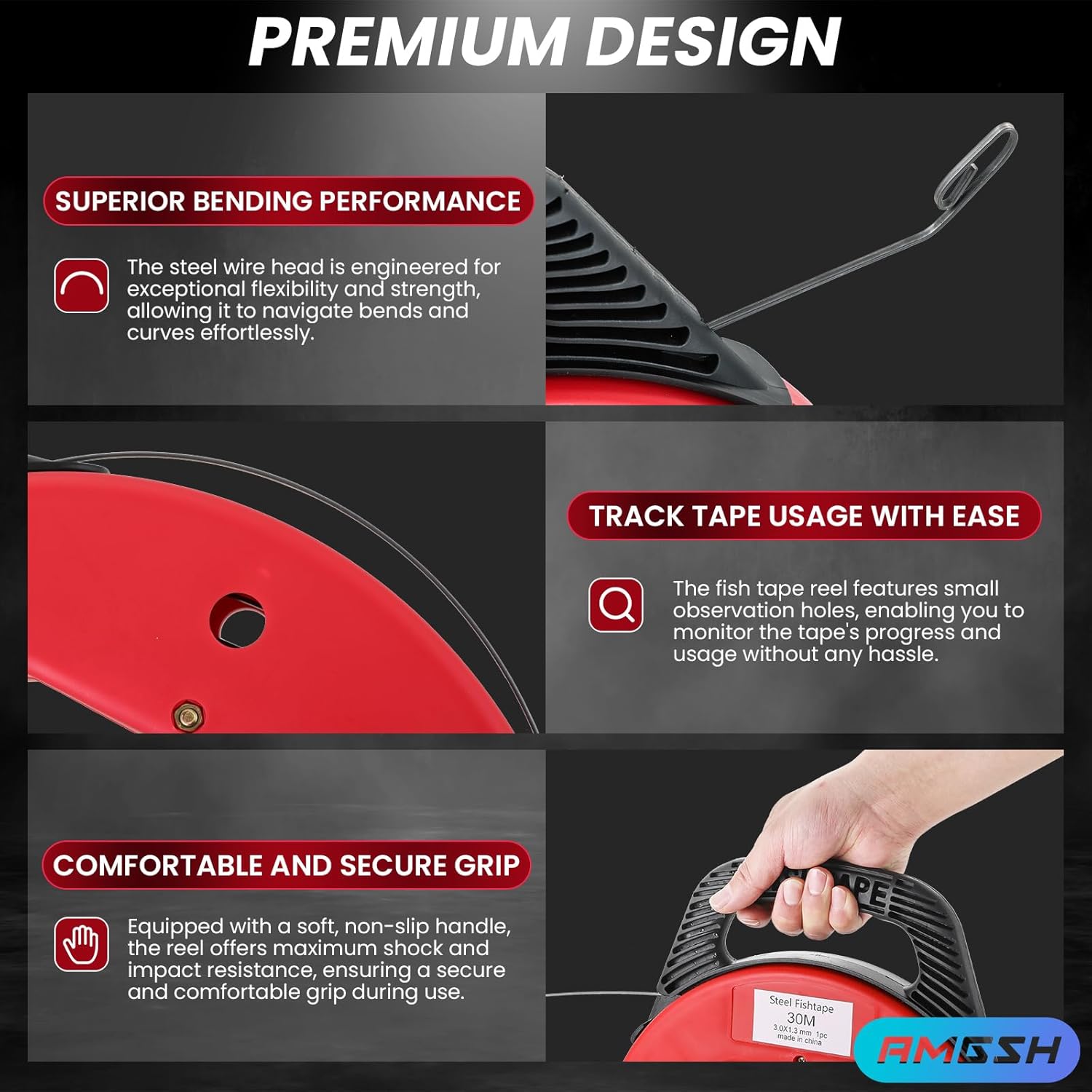 100 Feet Steel Fish Tape with Red Plastic Housing – Heavy Duty, Rust-Free, Retractable Wire Fish Tape Reel for Conduit, Drywall, and Insulated Walls
