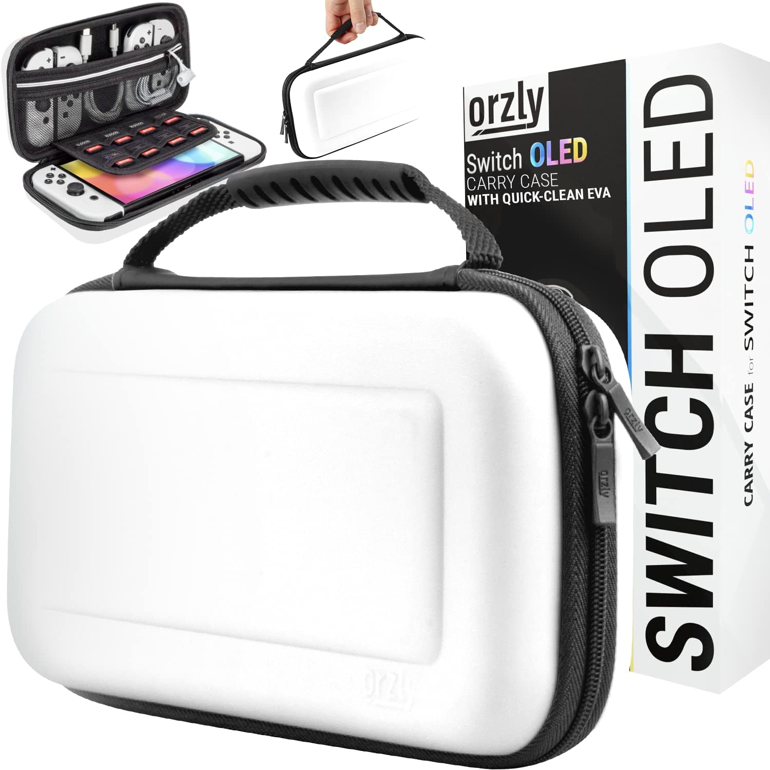 Orzly Carry Case for White Nintendo Switch OLED Console with Accessories and Games Storage Compartment - Easy Clean Case Gift Boxed Edition