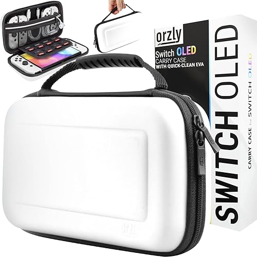 Orzly Funda de transporte para consola blanca Nintendo Switch OLED con compartimento de almacenamiento de accesorios y juegos, funda fácil de